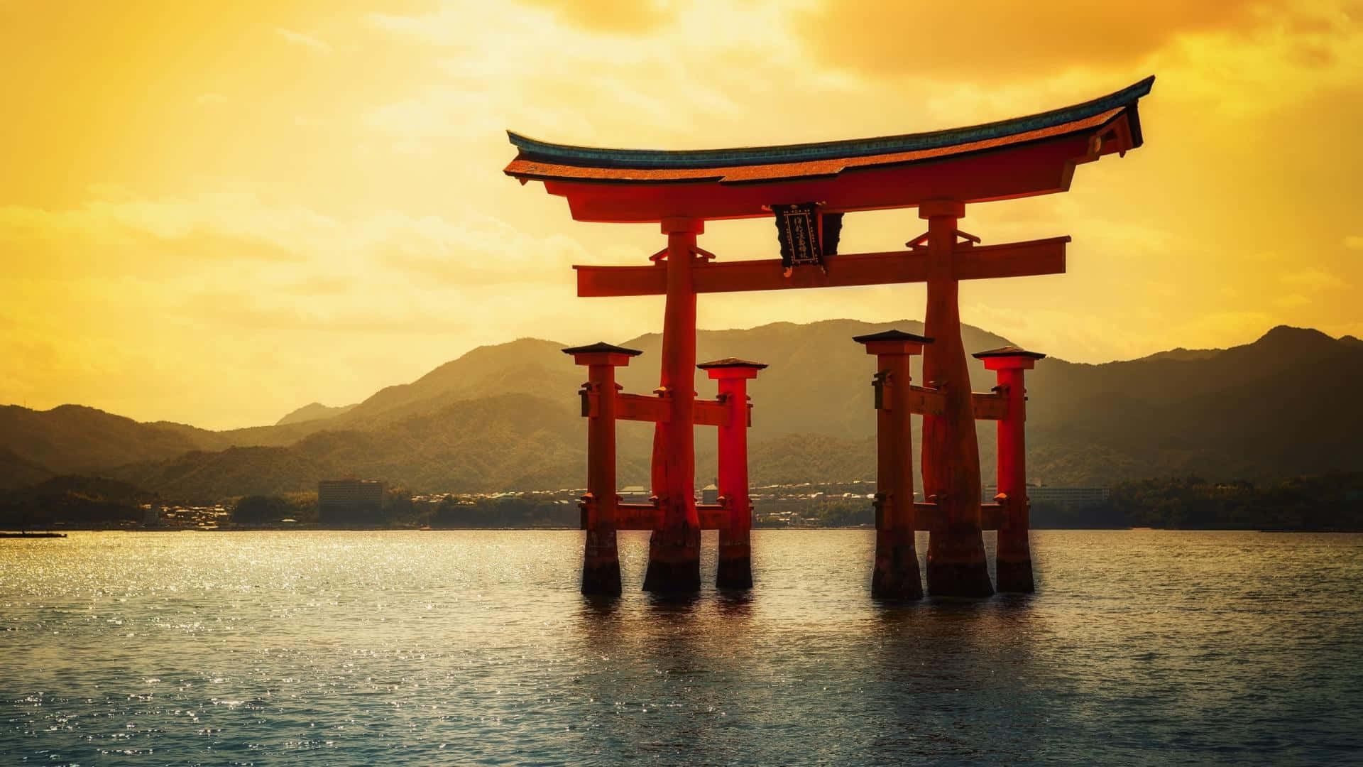 Shinto, red torii gate, calm waters, Full HD Desktop Wallpaper