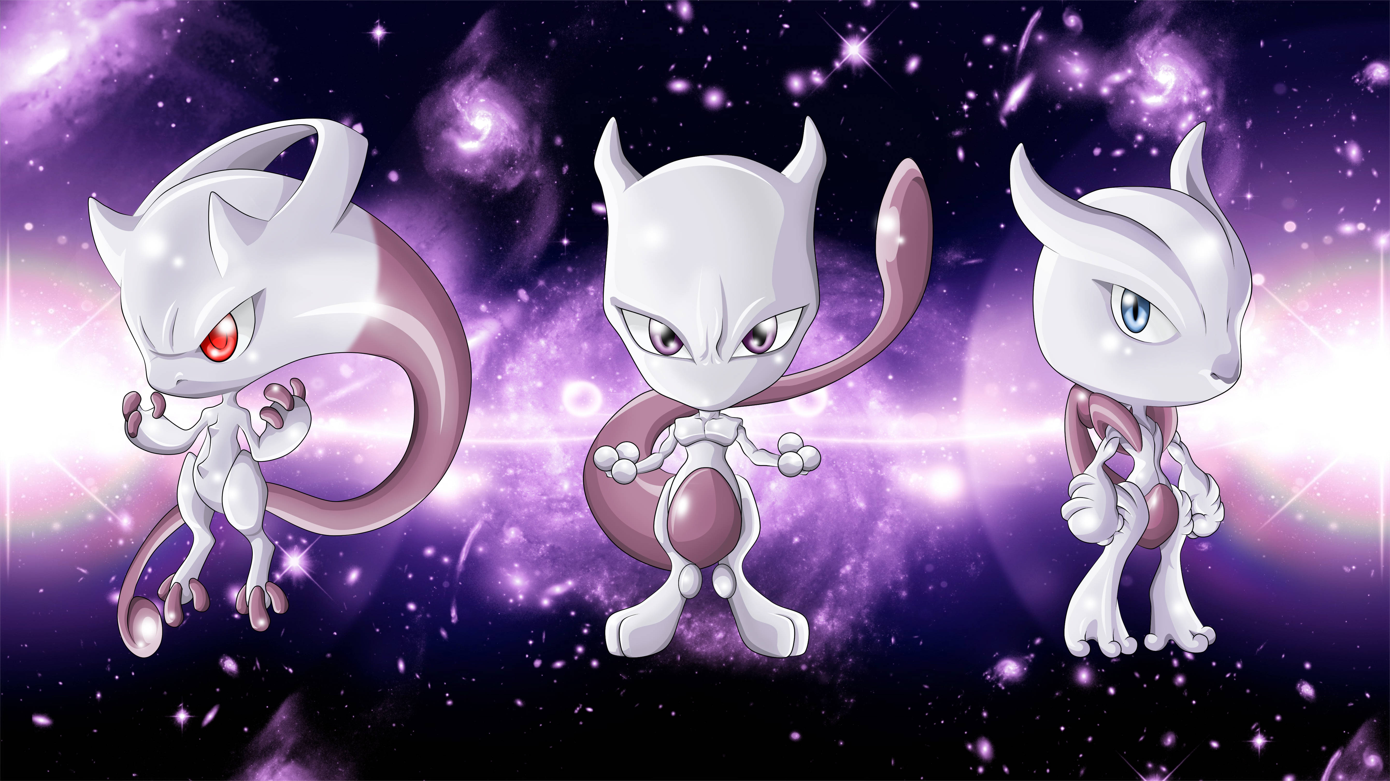 chibi, Shiny Mewtwo, cosmic purple galaxy, 5K Desktop Wallpaper