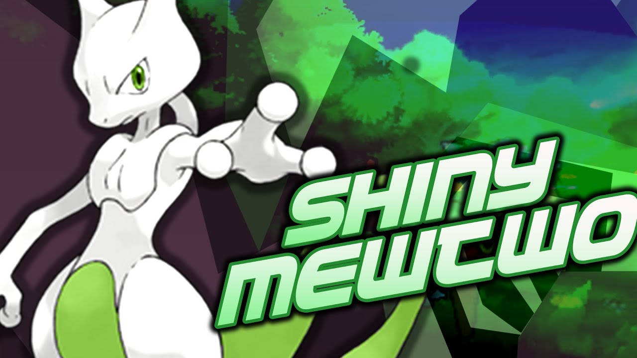 Shiny Mewtwo, vibrant green geometric background, bold text, HD Desktop Wallpaper
