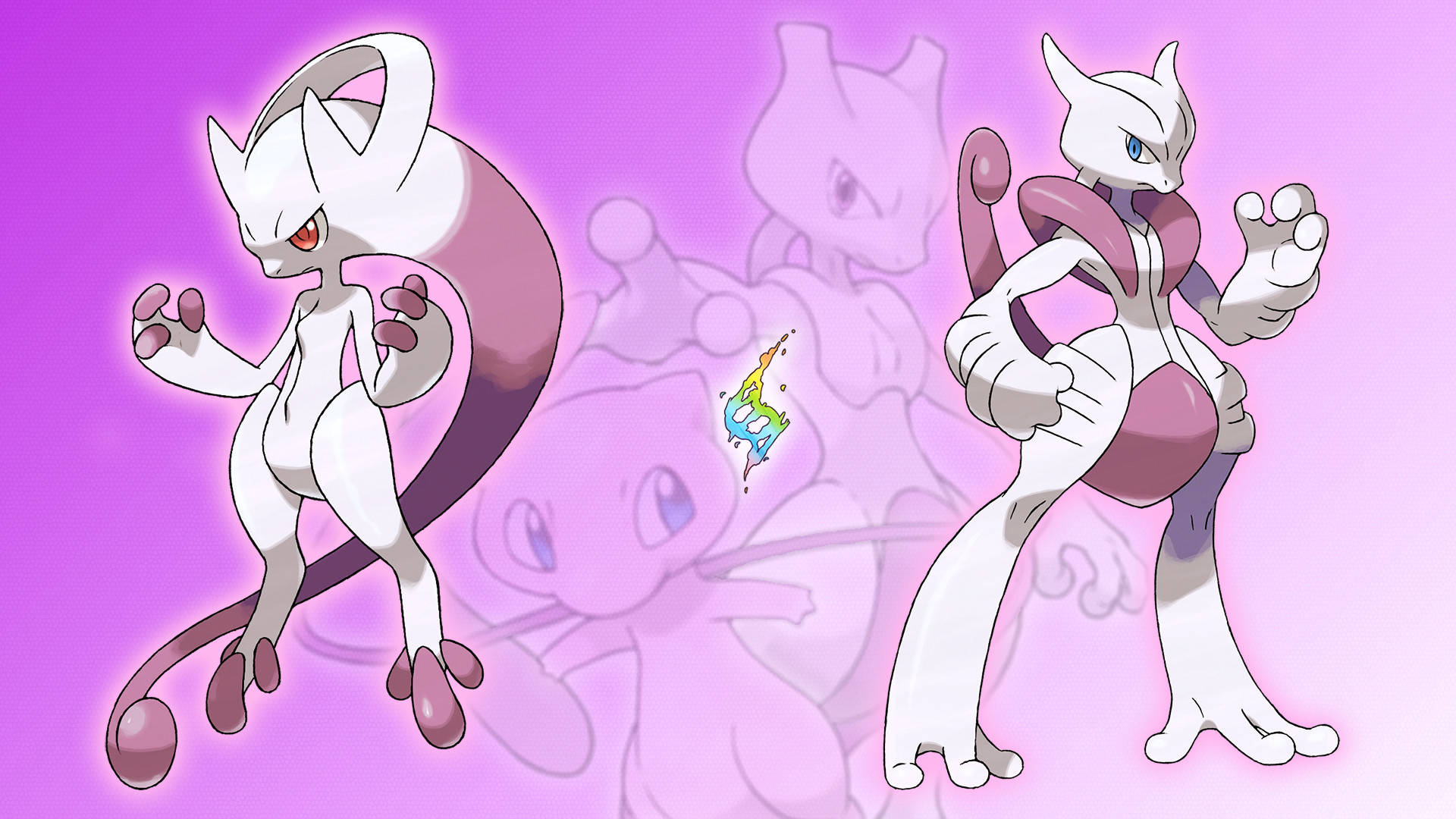 Shiny Mewtwo, anime-style, glowing purple gradient background, Full HD Desktop Wallpaper
