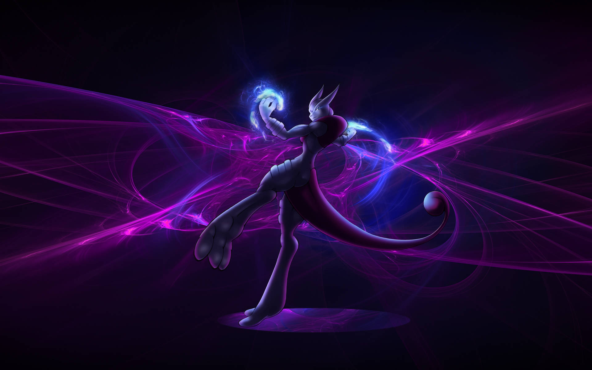Shiny Mewtwo, glowing hands, purple and blue, Full HD Desktop Wallpaper