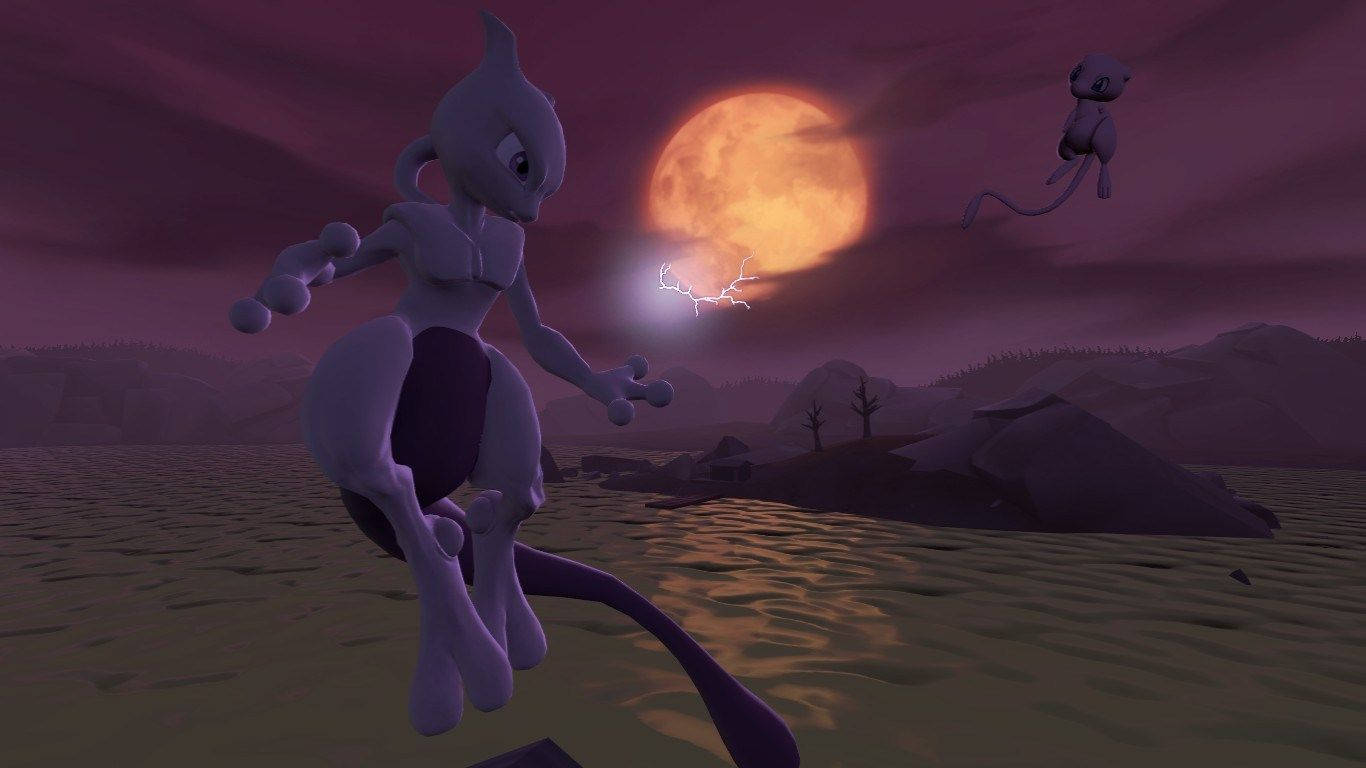 Shiny Mewtwo, purple Mewtwo, glowing orange moon, HD Desktop Wallpaper