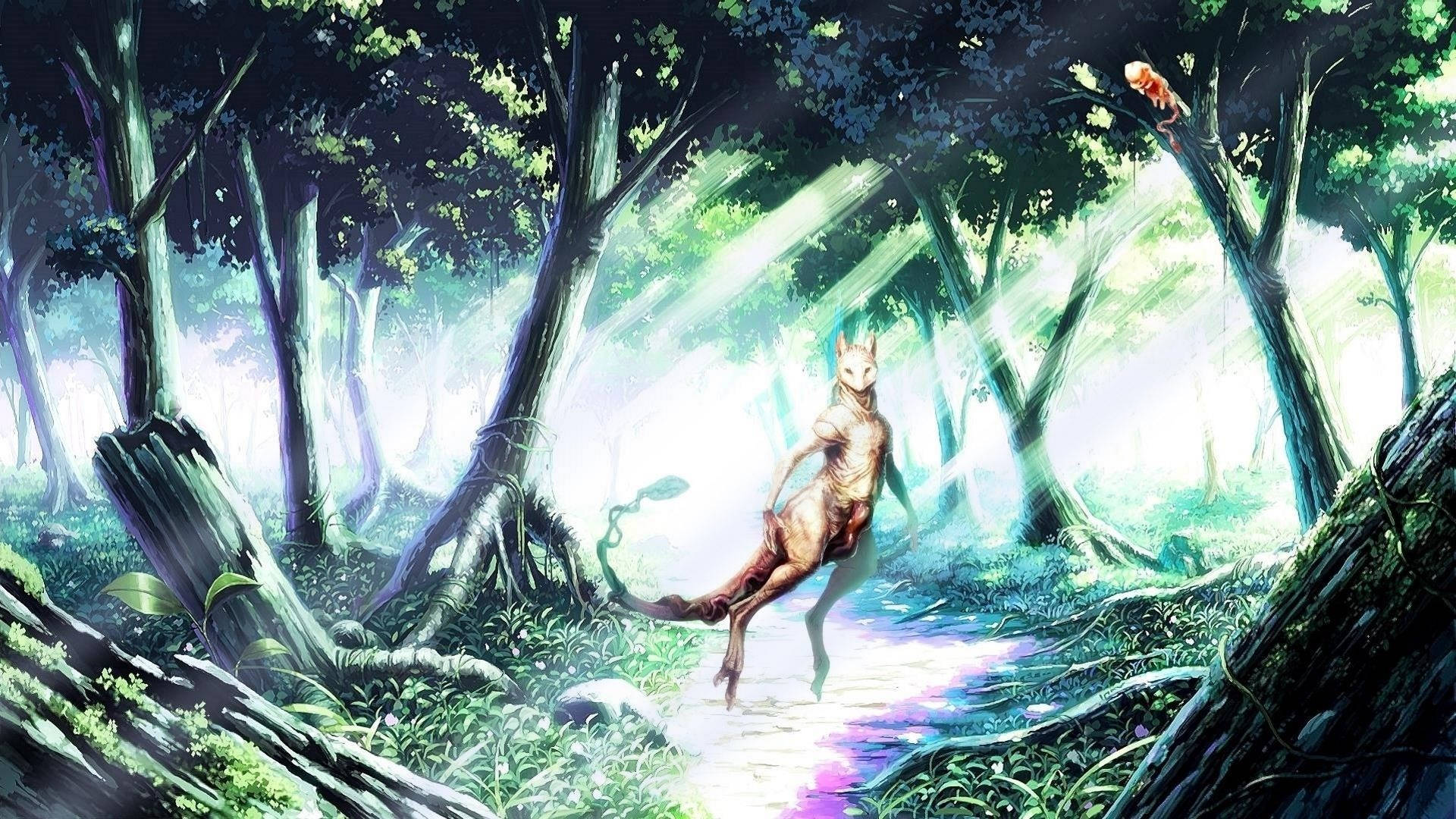 Shiny Mewtwo, forest, glowing forest path, Full HD Desktop Wallpaper