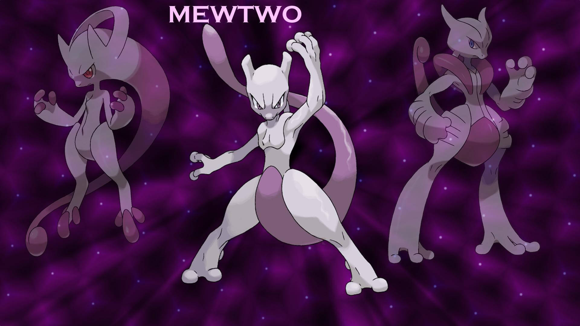 Shiny Mewtwo, anime-style, purple cosmic background, Full HD Desktop Wallpaper