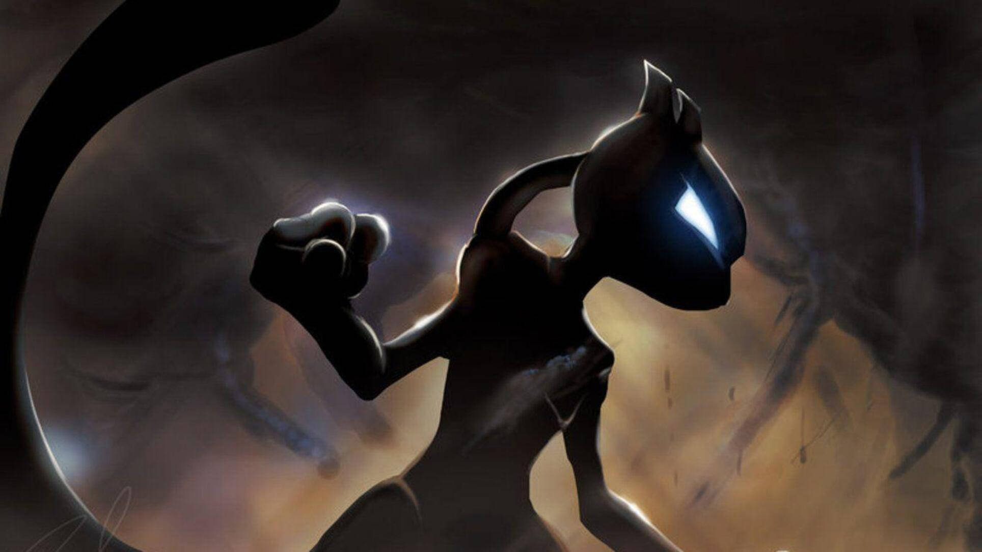 Mewtwo, glowing blue eyes, smoky twilight backdrop, Full HD Desktop Wallpaper