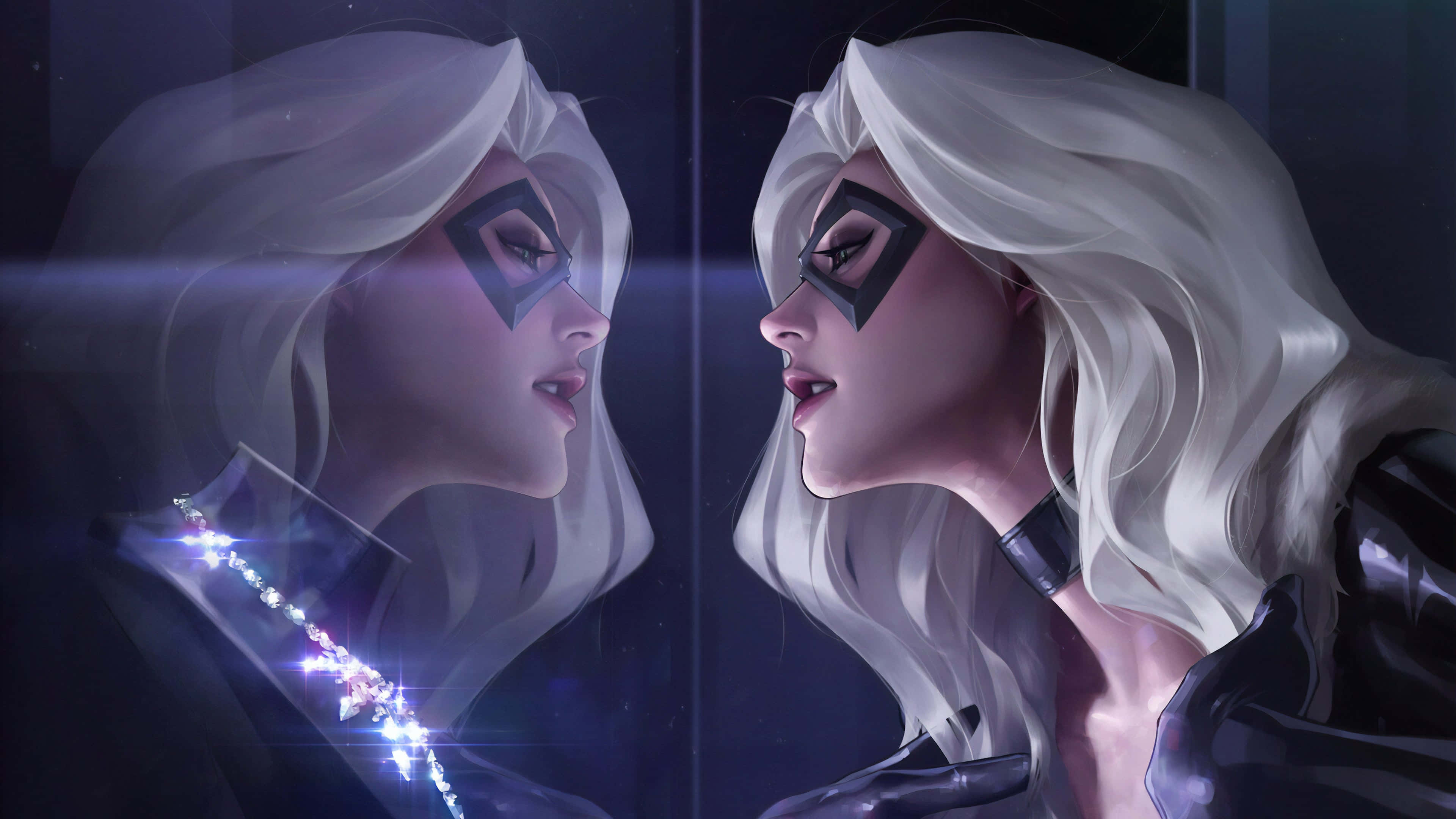 white-haired woman, black mask, dark mirror, 4K Desktop Wallpaper