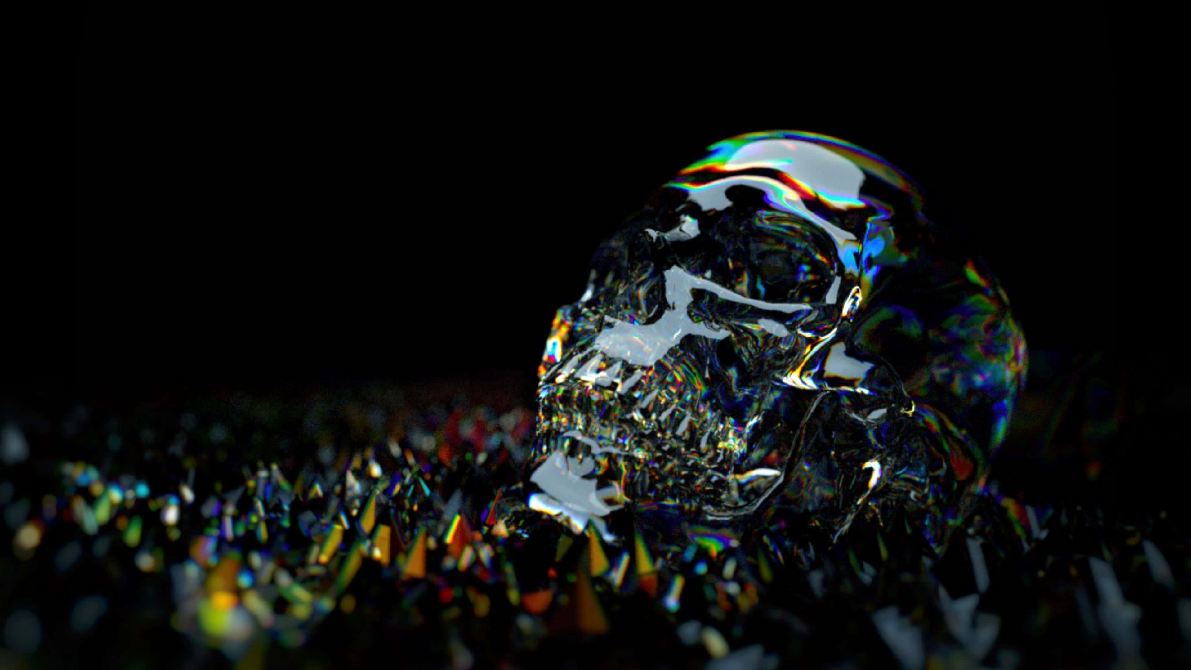 iridescent skull, reflective surface, crystalline shards, 4K Desktop Wallpaper