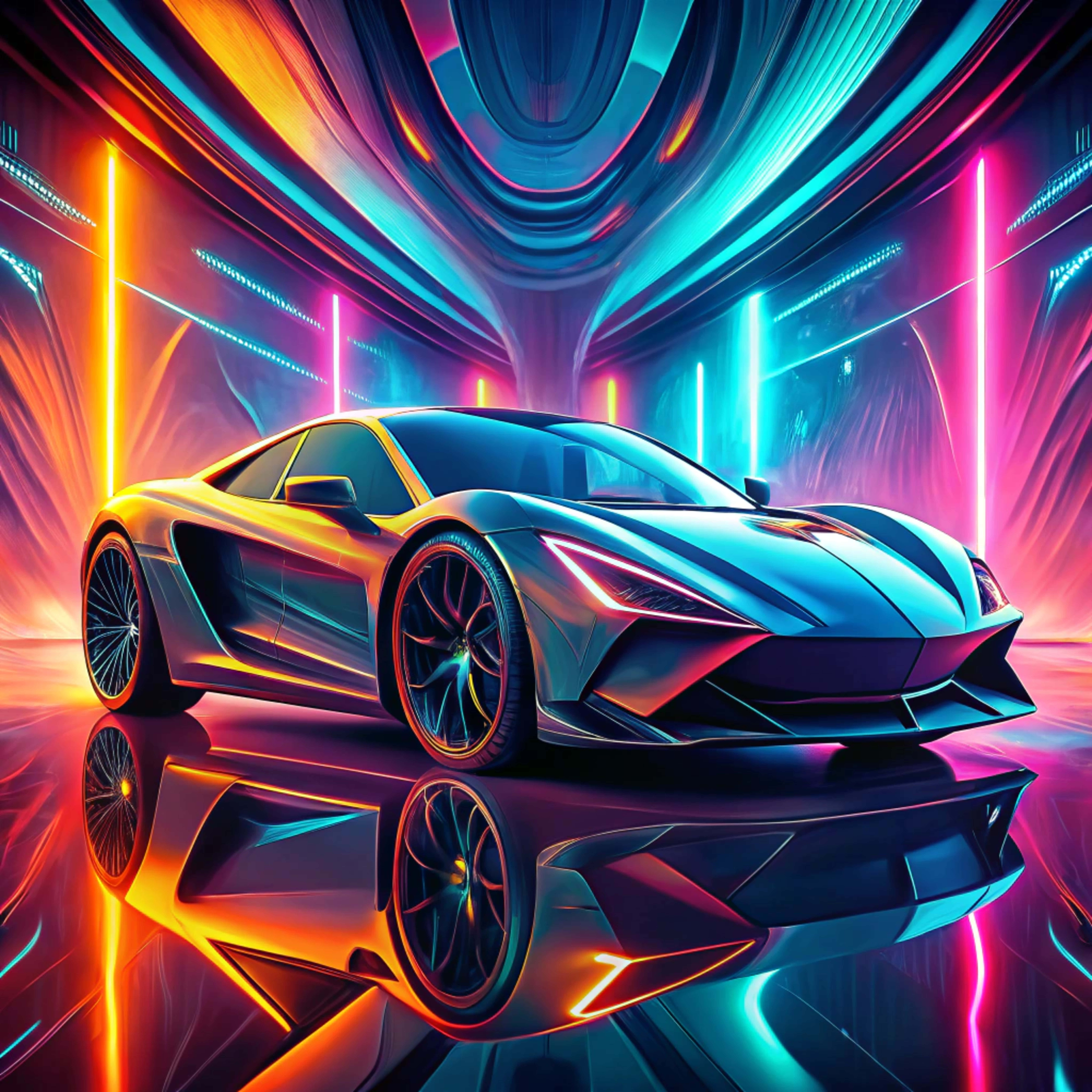 futuristic sports car, neon lights, glossy tunnel, 8K Desktop Wallpaper