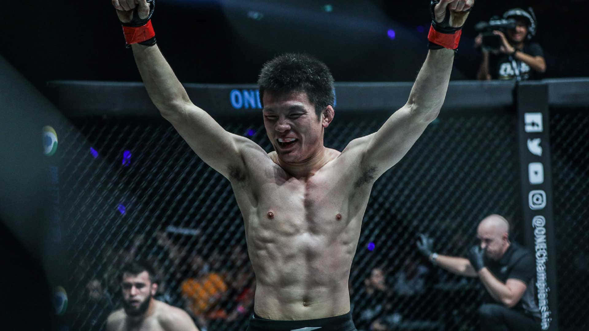 Shinya Aoki, dimly lit octagon, glowing blue lights, Full HD Desktop Wallpaper