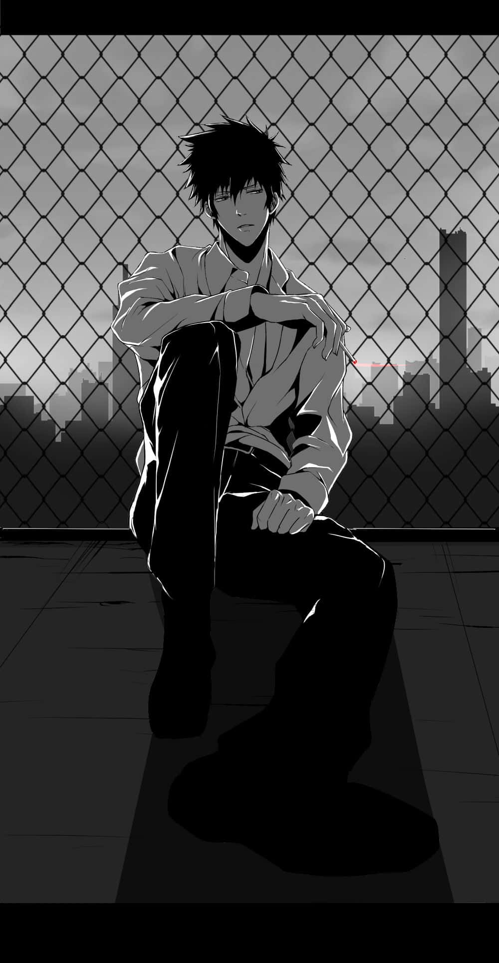 Shinya Kogami, chain-link fence, city skyline, Full HD Phone Wallpaper