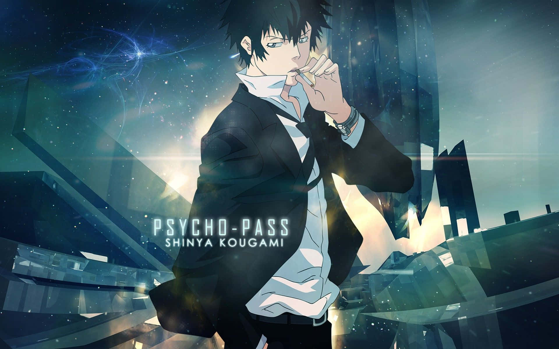 Shinya Kogami, futuristic cityscape, starry teal sky, Full HD Desktop Wallpaper