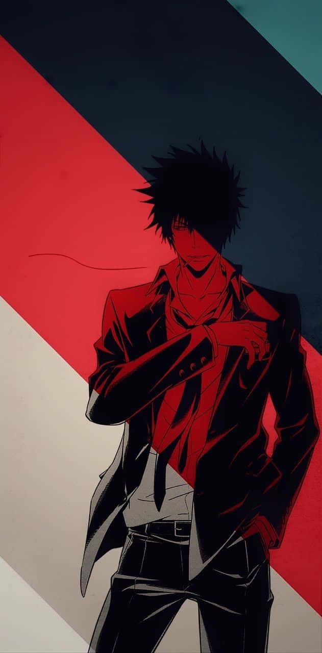 Shinya Kogami, red-lit coat, bold red black and teal geometric background, HD Phone Wallpaper