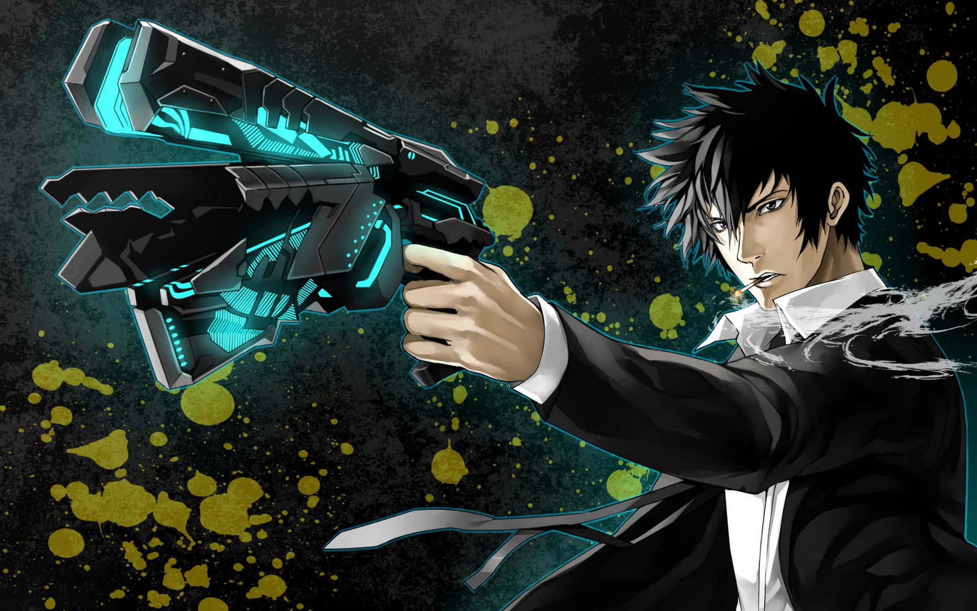 Shinya Kogami, glowing blue futuristic gun, dark splattered background, Full HD Desktop Wallpaper