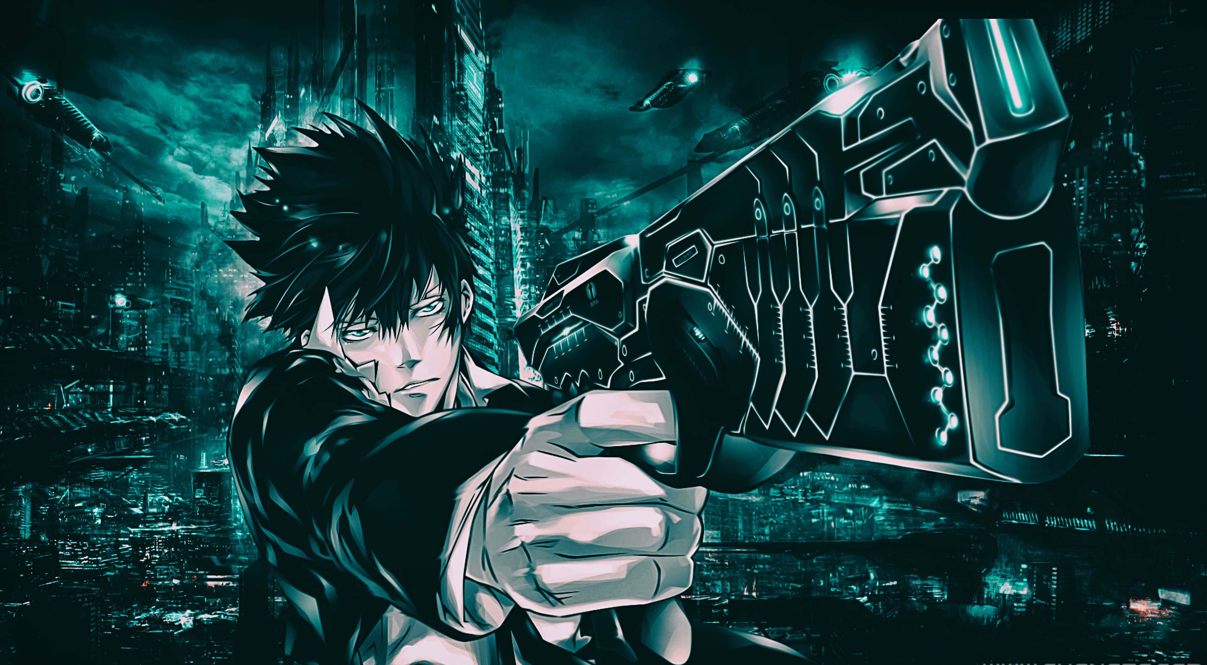 Shinya Kogami, spiky-haired anime warrior, glowing futuristic gun, 4K Desktop Wallpaper
