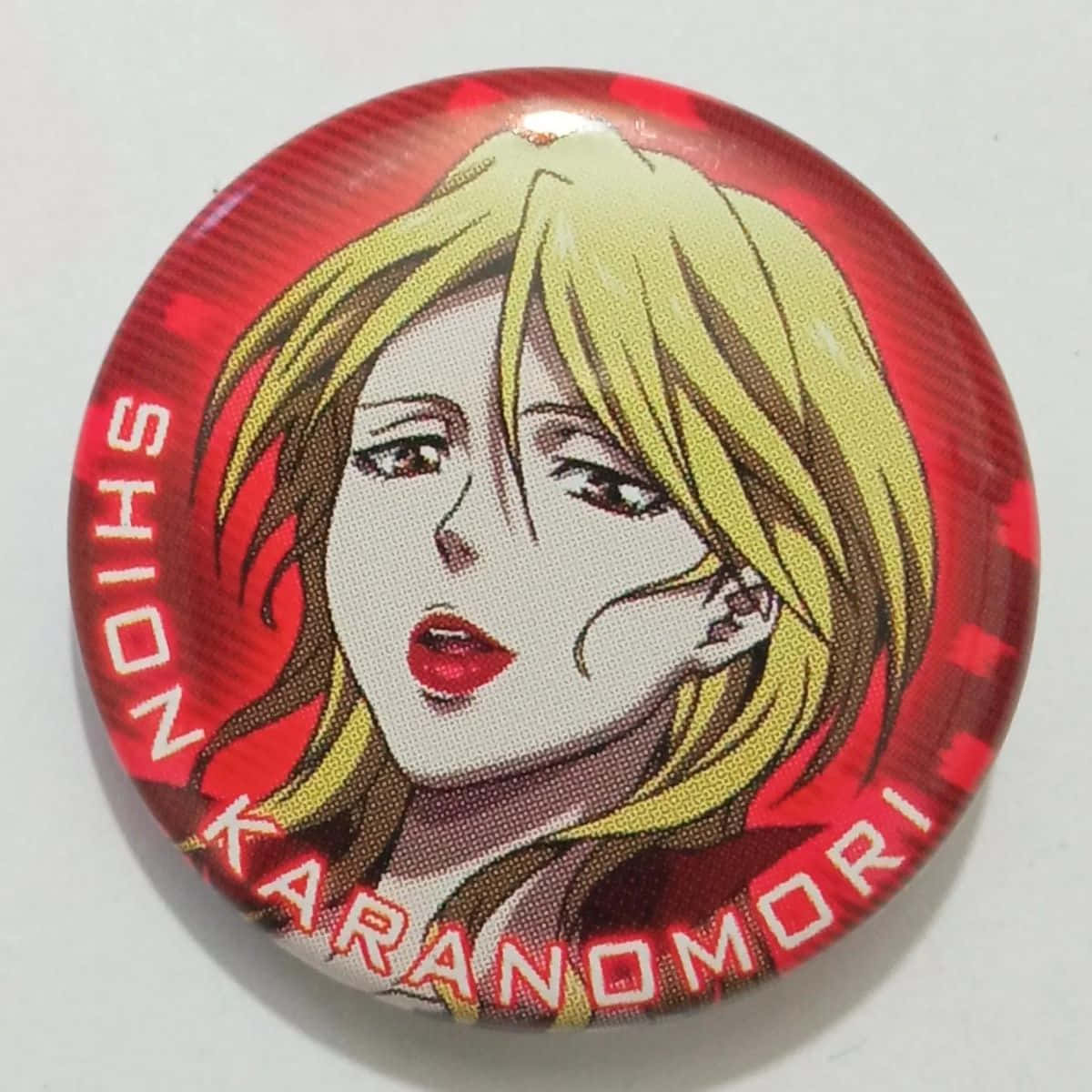 Shion Karanomori, glossy red circular badge, anime-style portrait, SD Desktop Wallpaper
