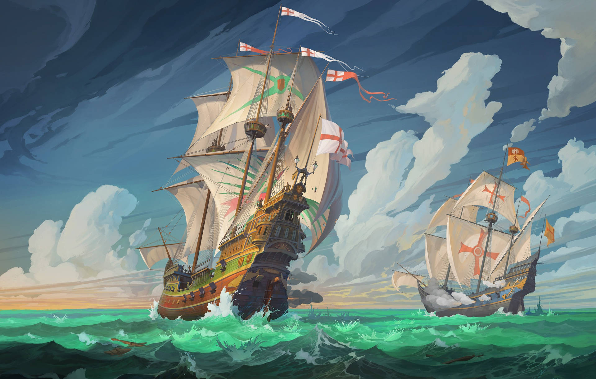 Cartoon Art Ship, sailing ships, billowing sails, Full HD Desktop Wallpaper