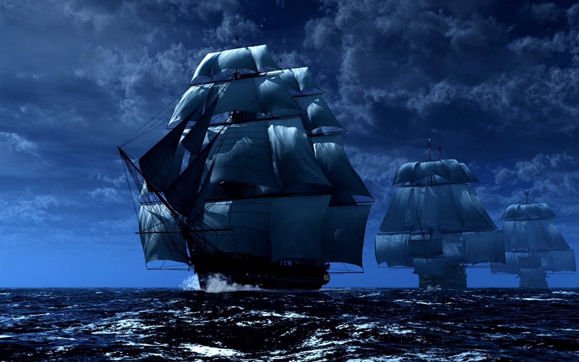 sailing ships, turbulent blue waters, stormy night sky, Full HD Desktop Wallpaper