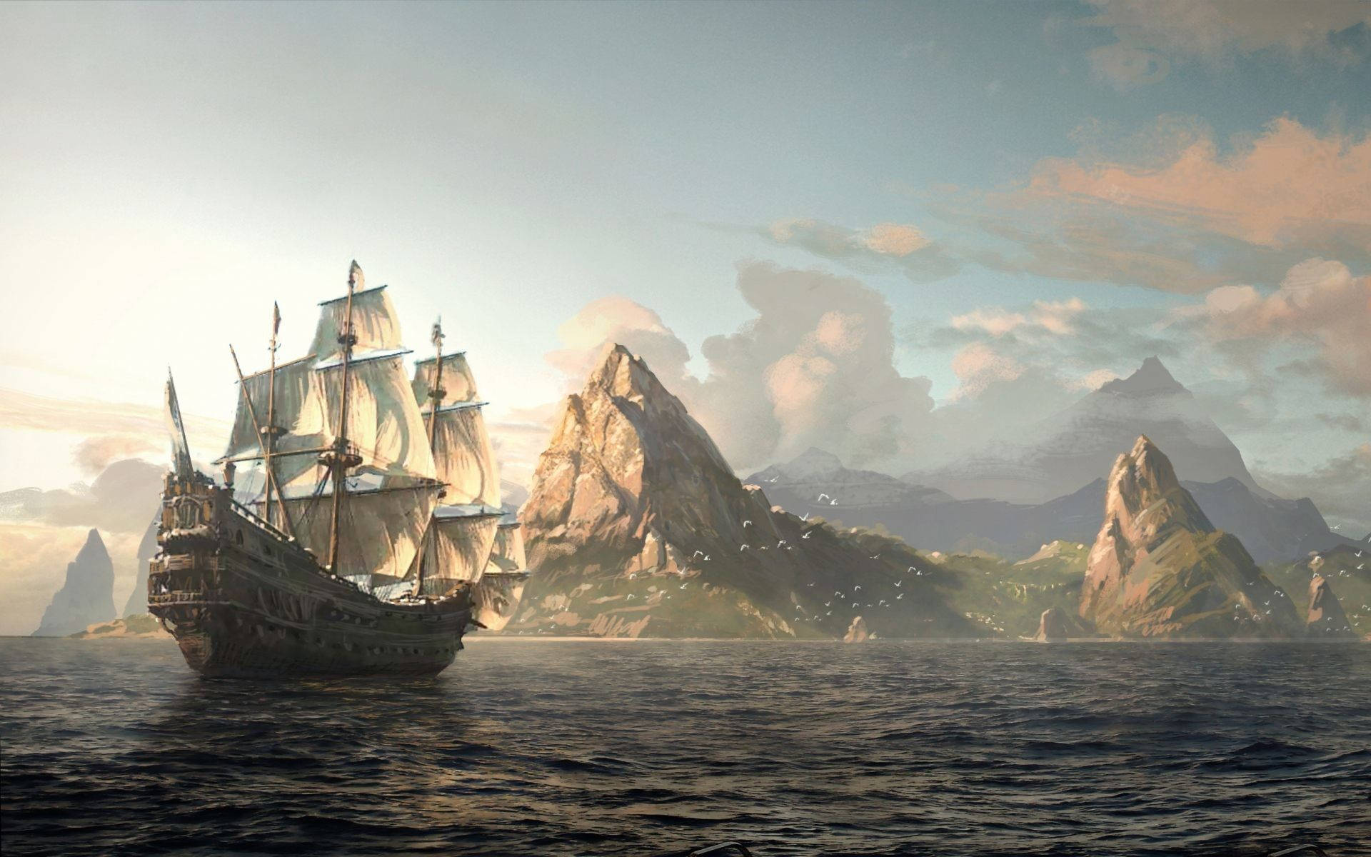 sailing ship, calm seas, jagged mountainous islands, Full HD Desktop Wallpaper