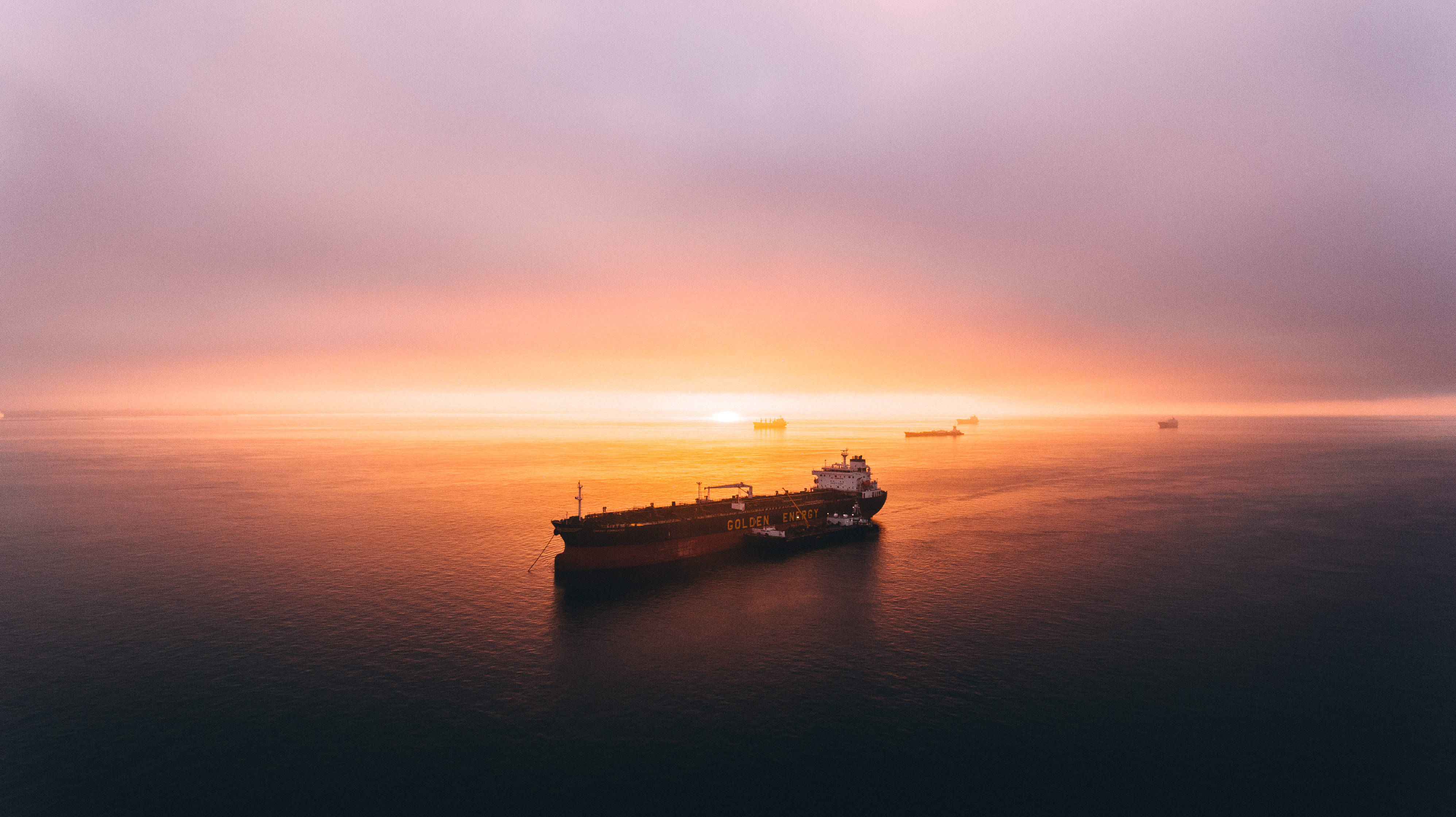 tanker ship, misty ocean, sunrise, 4K Desktop Wallpaper