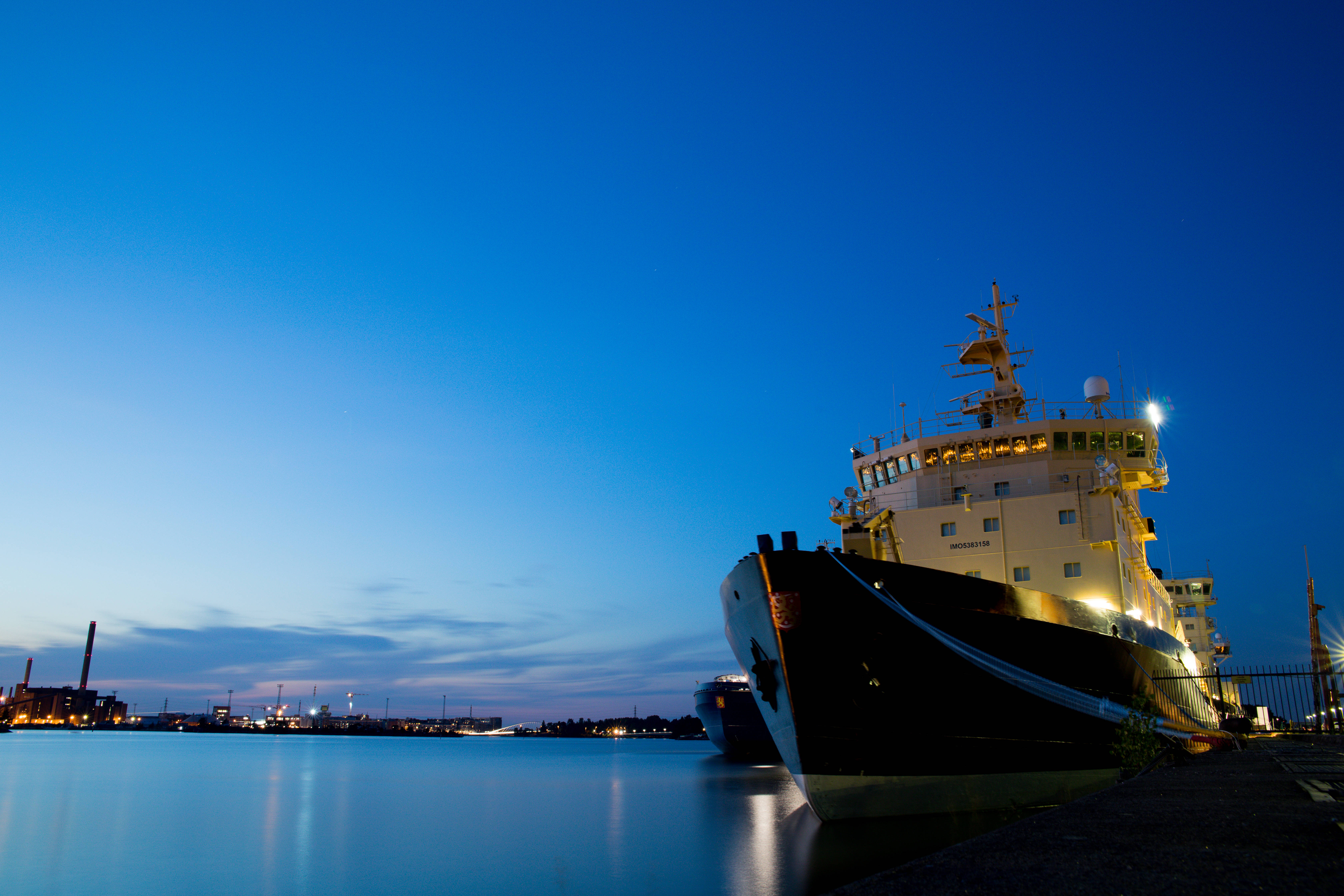 Ship, blue dusk, calm harbor, 5K Desktop Wallpaper