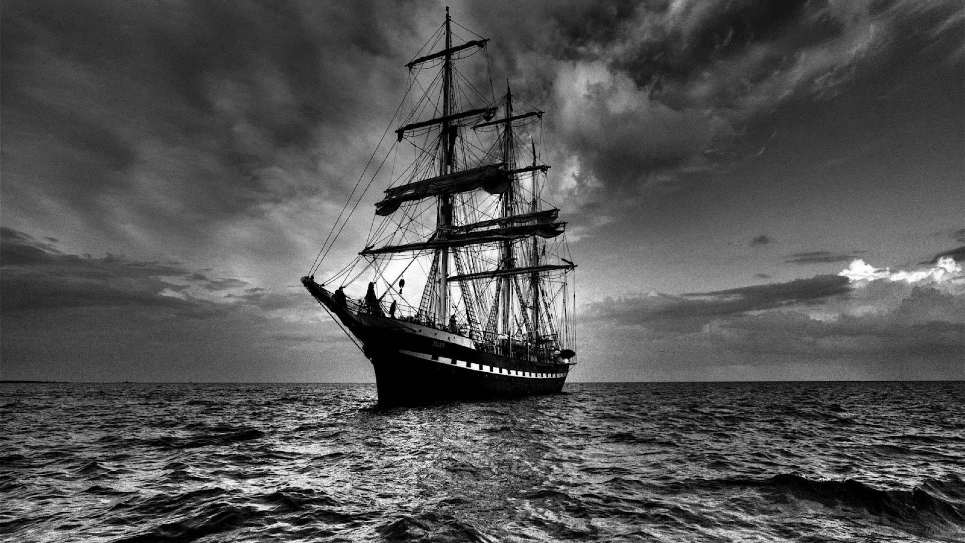 tall ship, choppy seas, dramatic cloudy sky, 4K Desktop Wallpaper