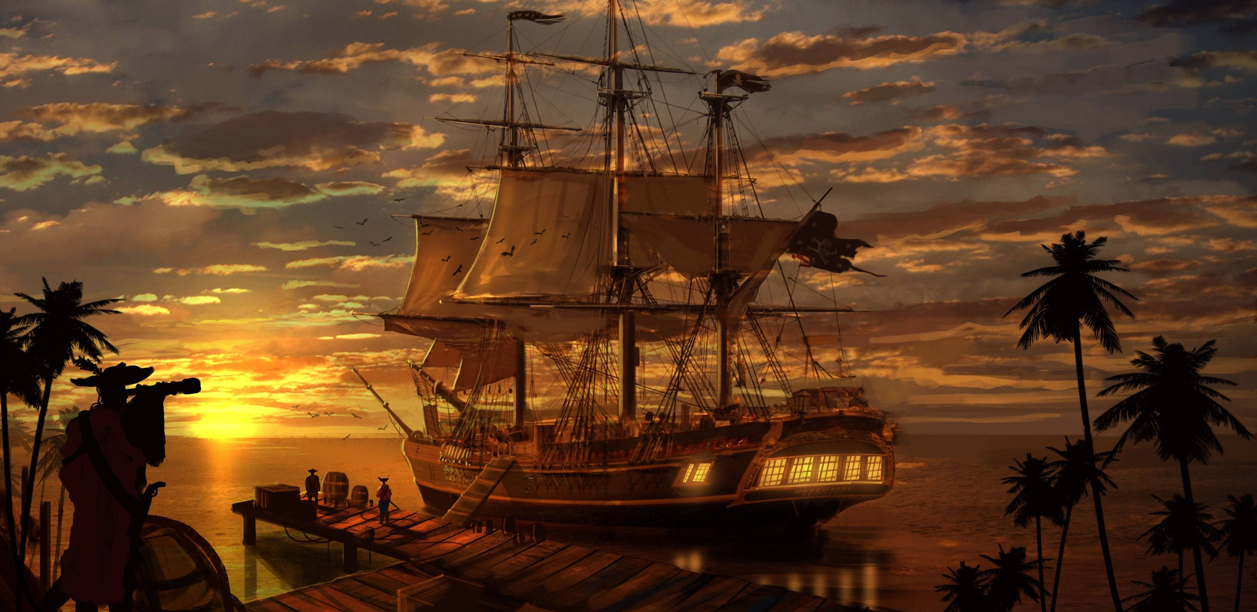 pirate ship, sunset, tropical beach paradise, 4K Desktop Wallpaper