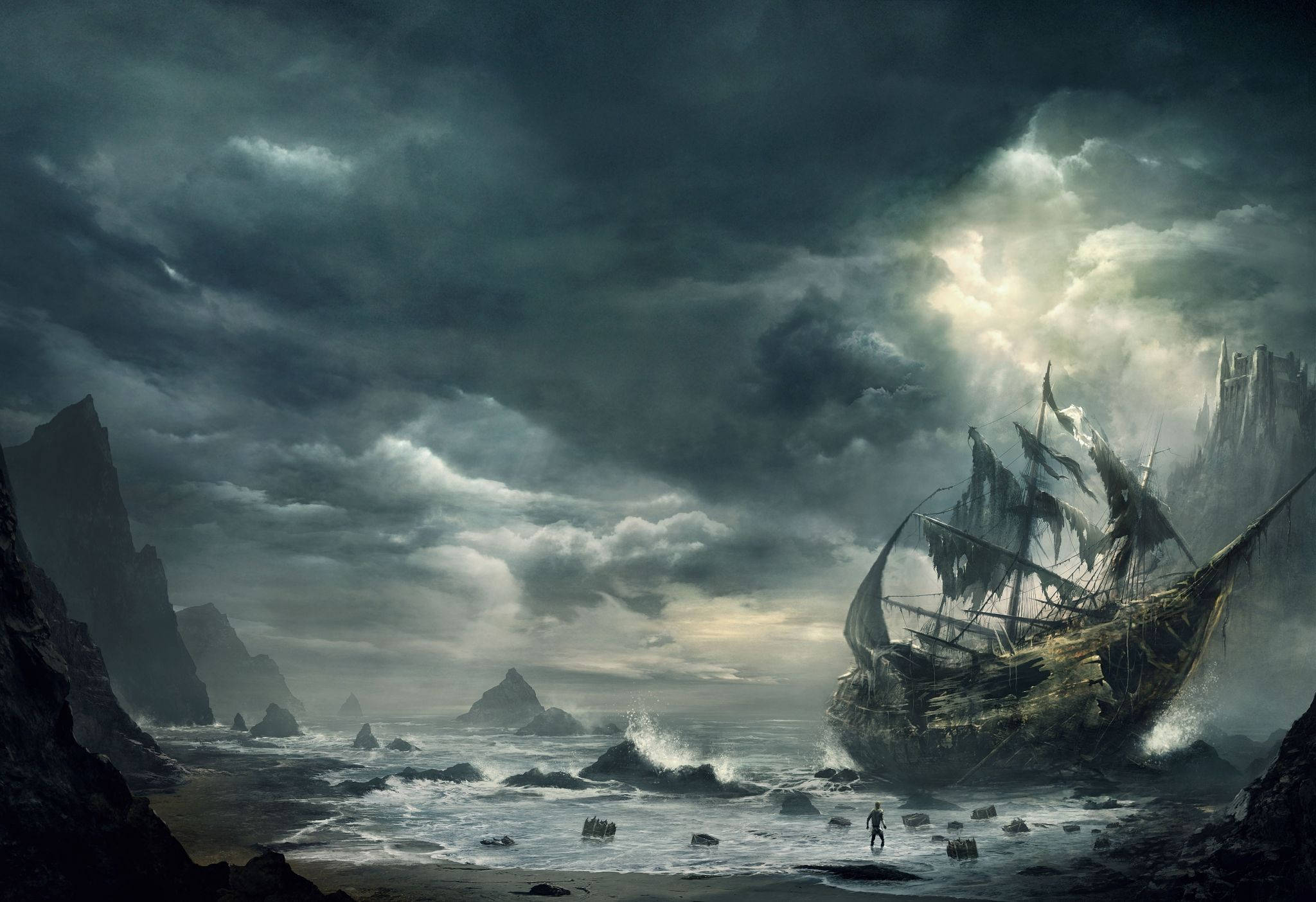 damaged pirate ship, wrecked ship, stormy rocky shore, Full HD Desktop Wallpaper