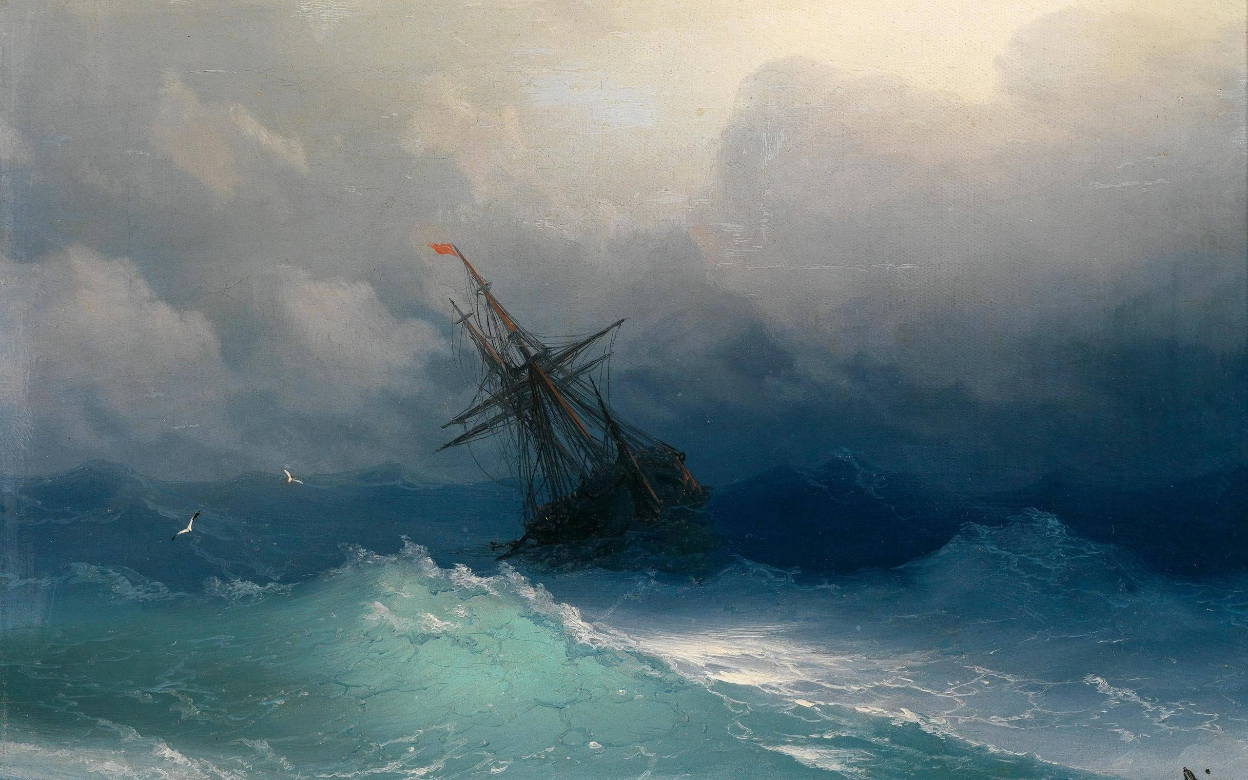 shipwreck, sailing vessel, red flag, 2K Desktop Wallpaper