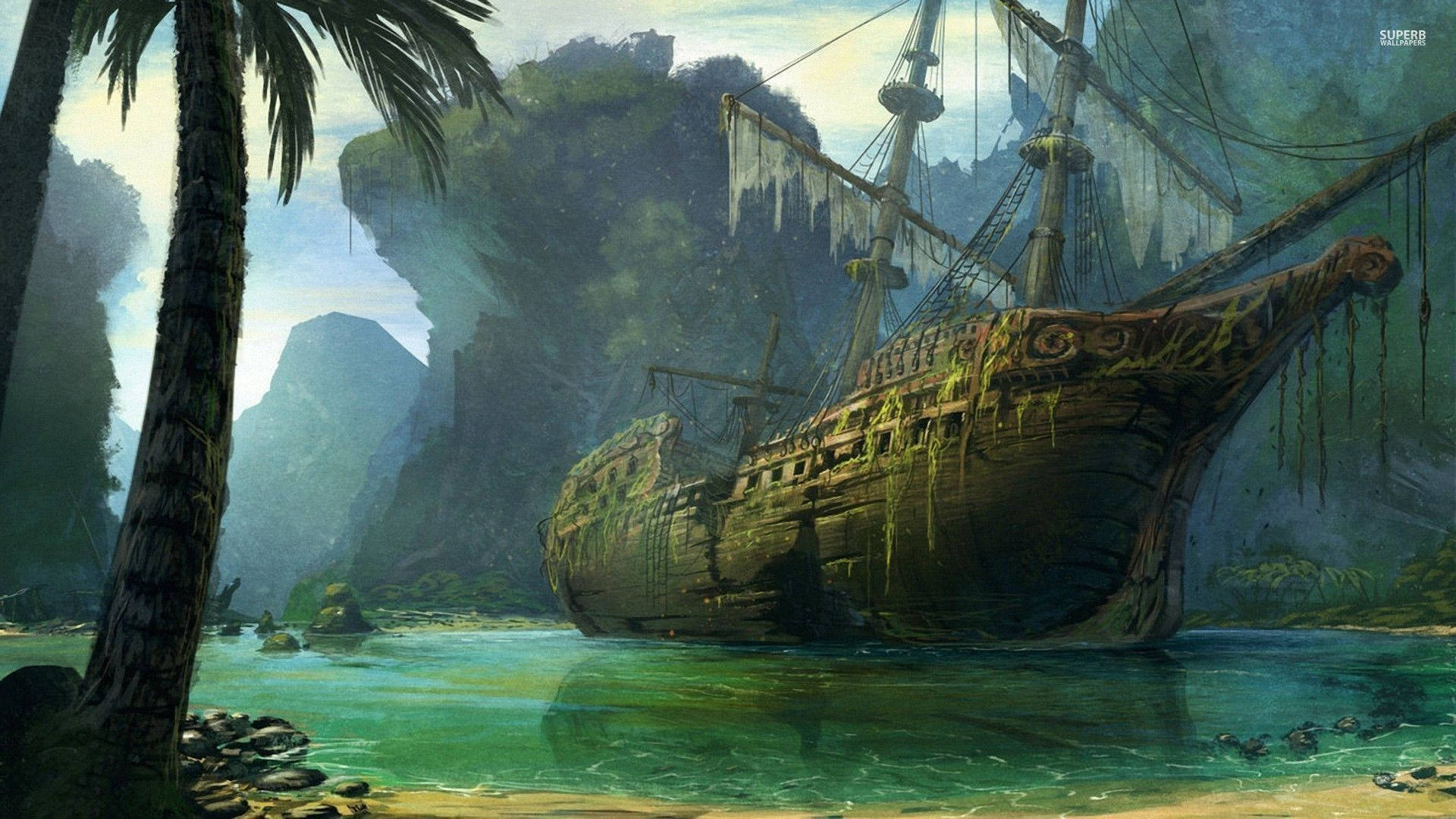 abandoned pirate ship, turquoise lagoon, towering jungle cliffs, Full HD Desktop Wallpaper