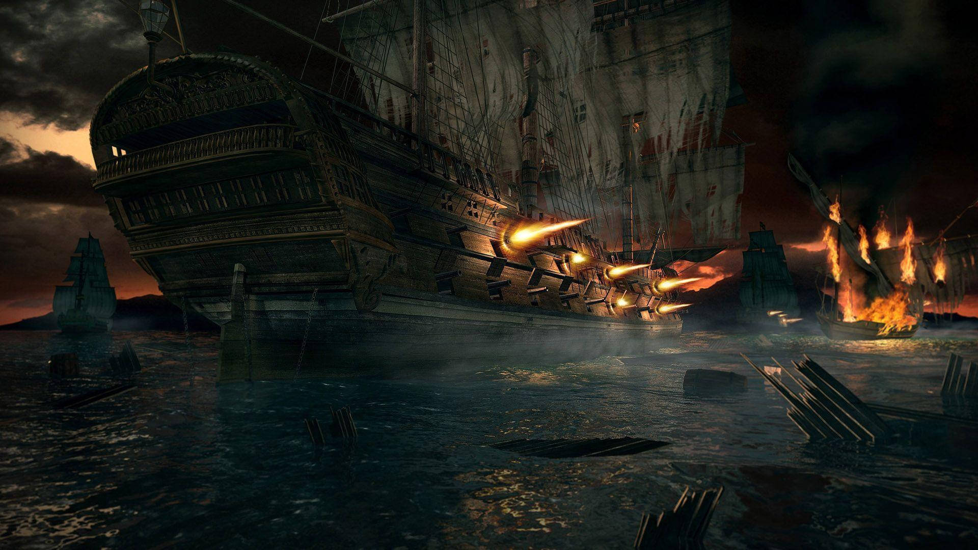 firing pirate ship, galleon, burning ship, Full HD Desktop Wallpaper