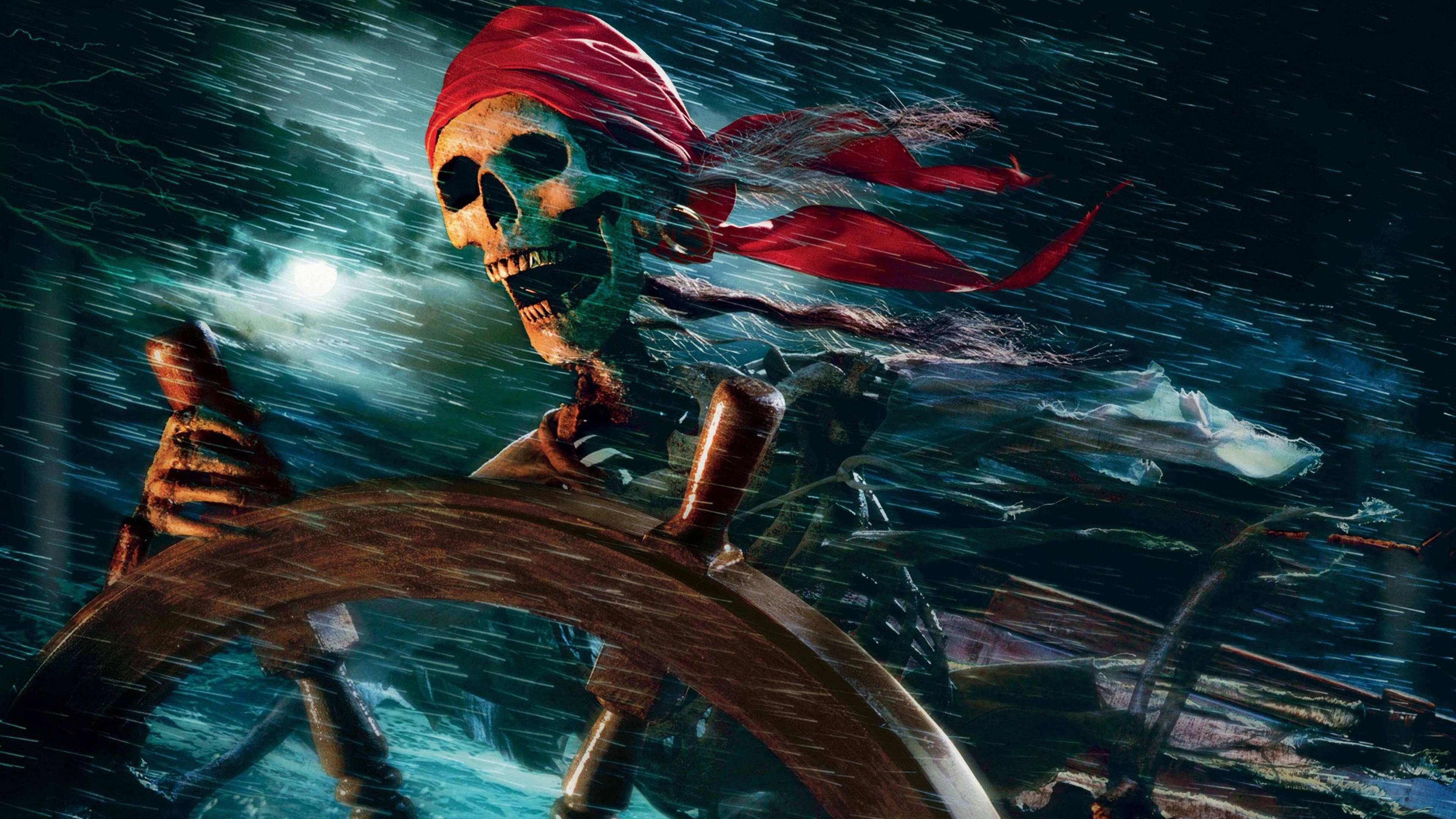 pirate skeleton ship wheel, skeletal pirate captain, red bandana, 4K Desktop Wallpaper