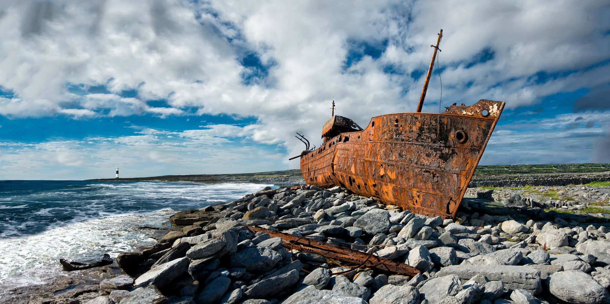 shipwreck, rocky shore, blue sky, Full HD Desktop Wallpaper