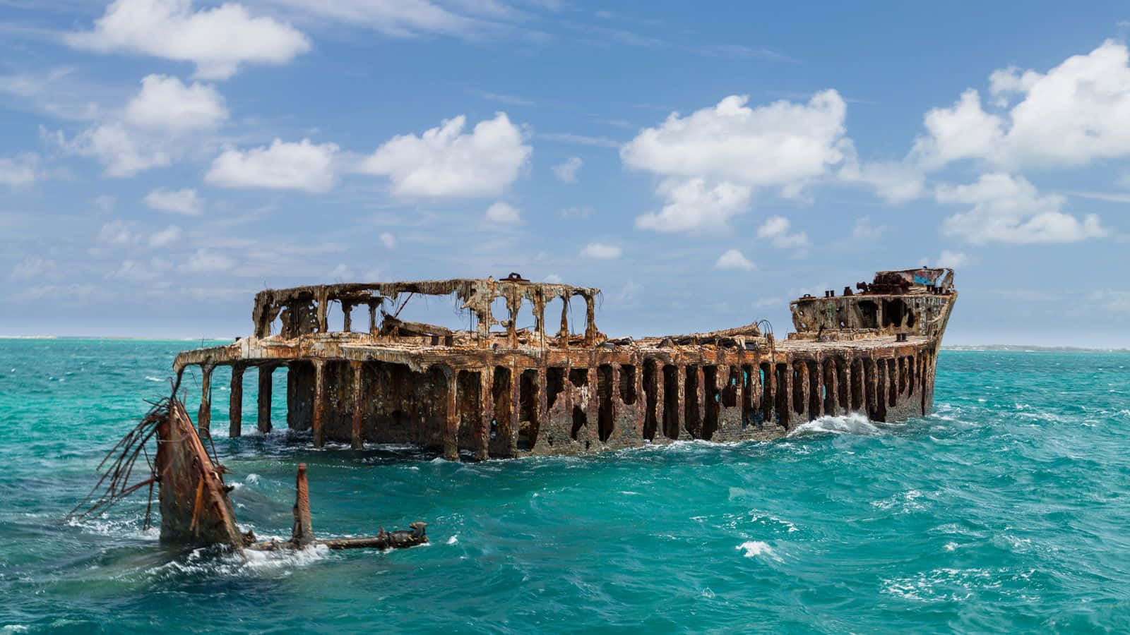 shipwreck, turquoise waters, blue sky, HD Desktop Wallpaper