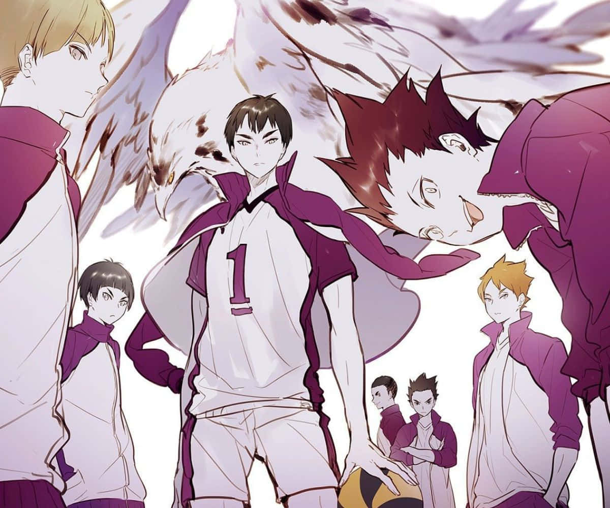 Shirabu Kenjirou, purple and white uniforms, large bird overhead, SD Desktop Wallpaper