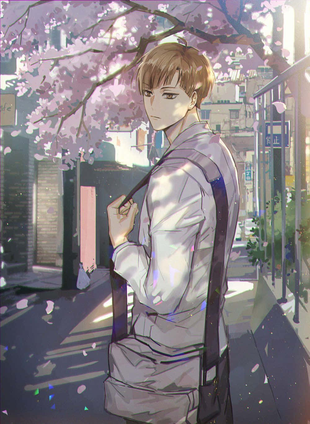 Shirabu Kenjirou, white shirt, blossoming cherry tree, HD Phone Wallpaper