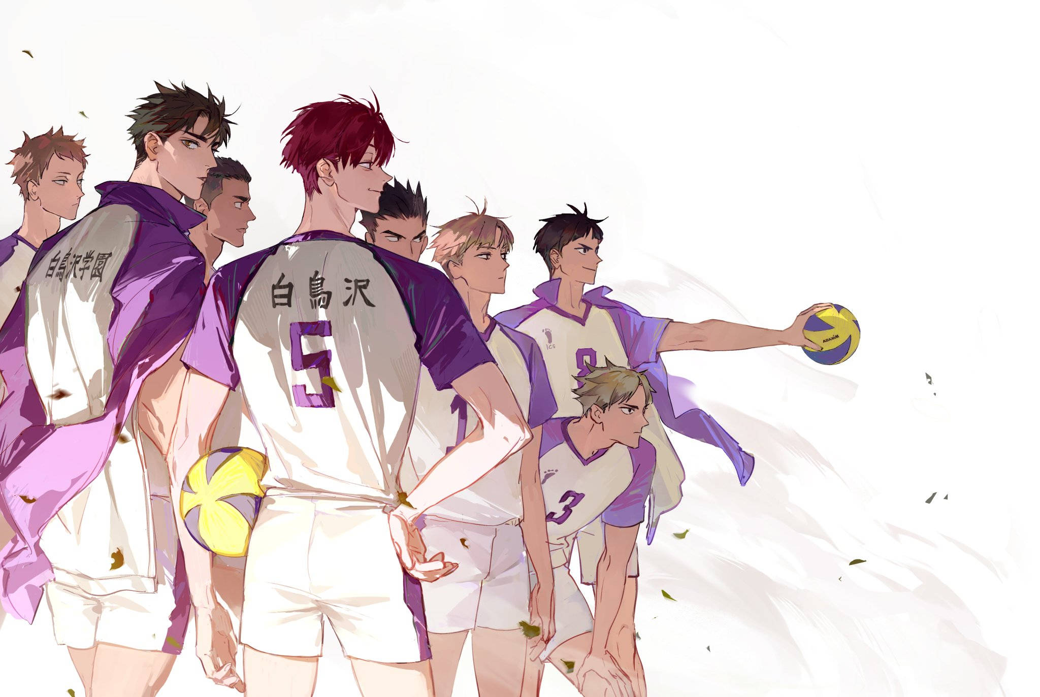 Shiratorizawa, purple and white uniforms, anime volleyball players, Full HD Desktop Wallpaper