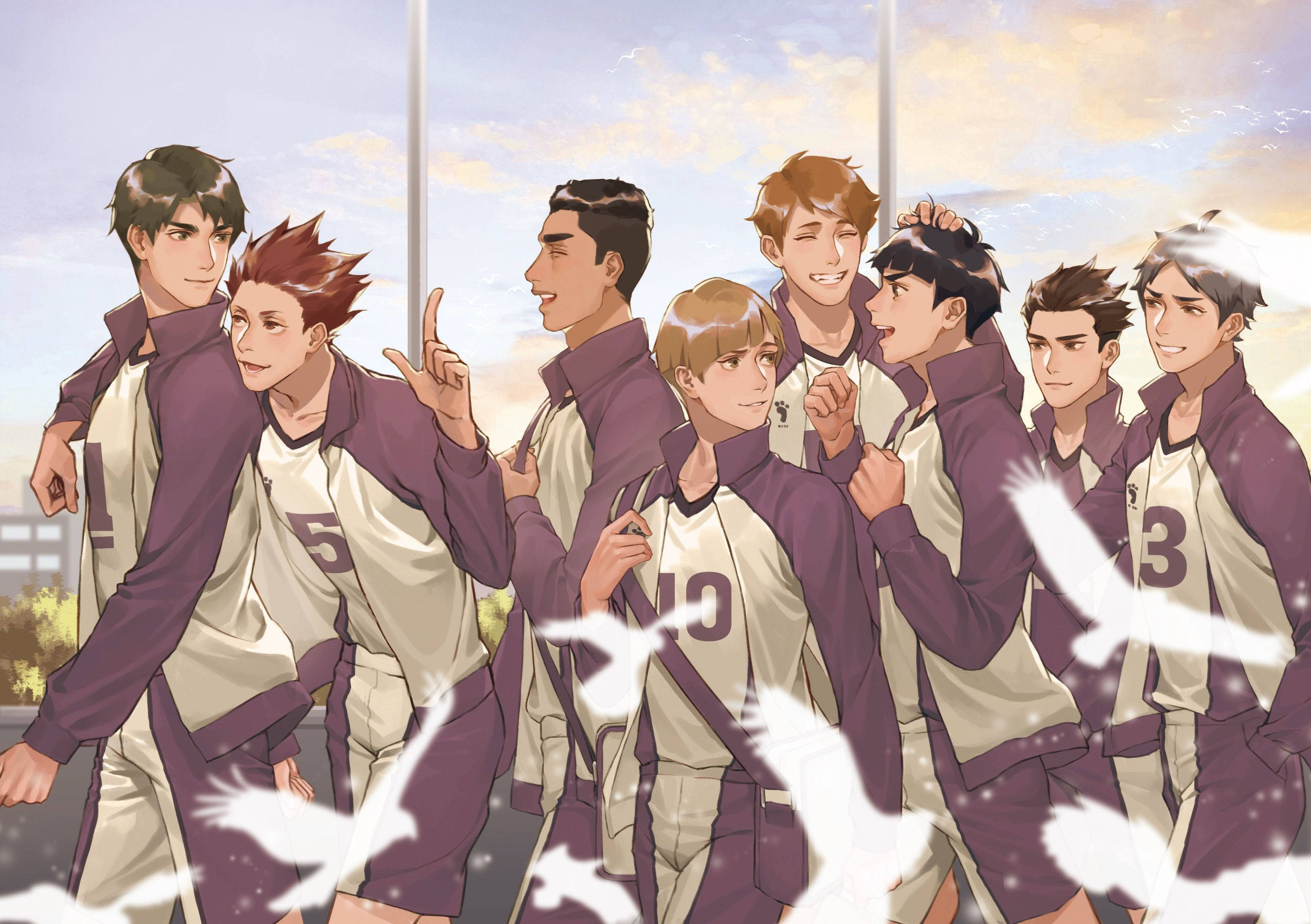 Shiratorizawa, purple and white uniforms, bright sky, 2K Desktop Wallpaper