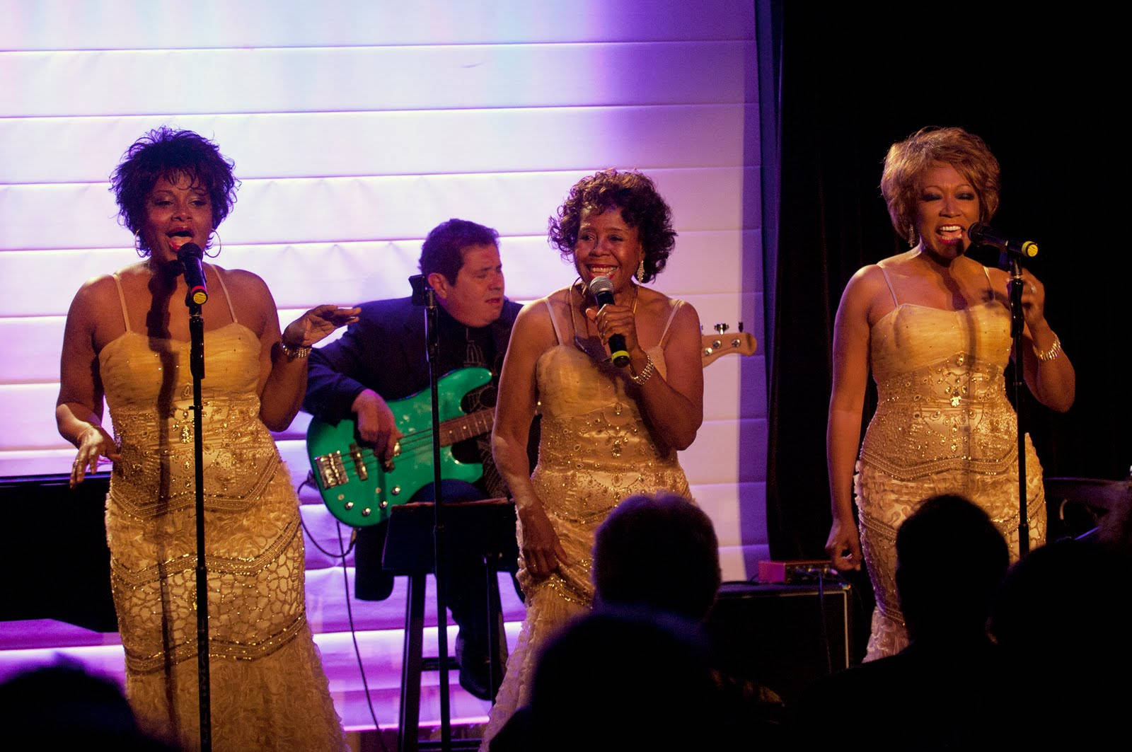 The Shirelles, gold dresses, lit stage, HD Desktop Wallpaper