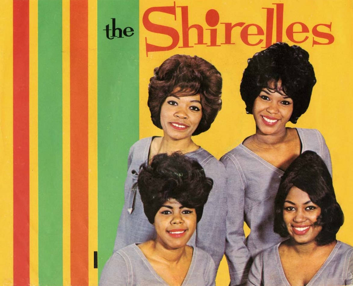 The Shirelles, gray tops, vibrant yellow green and red striped background, SD Desktop Wallpaper