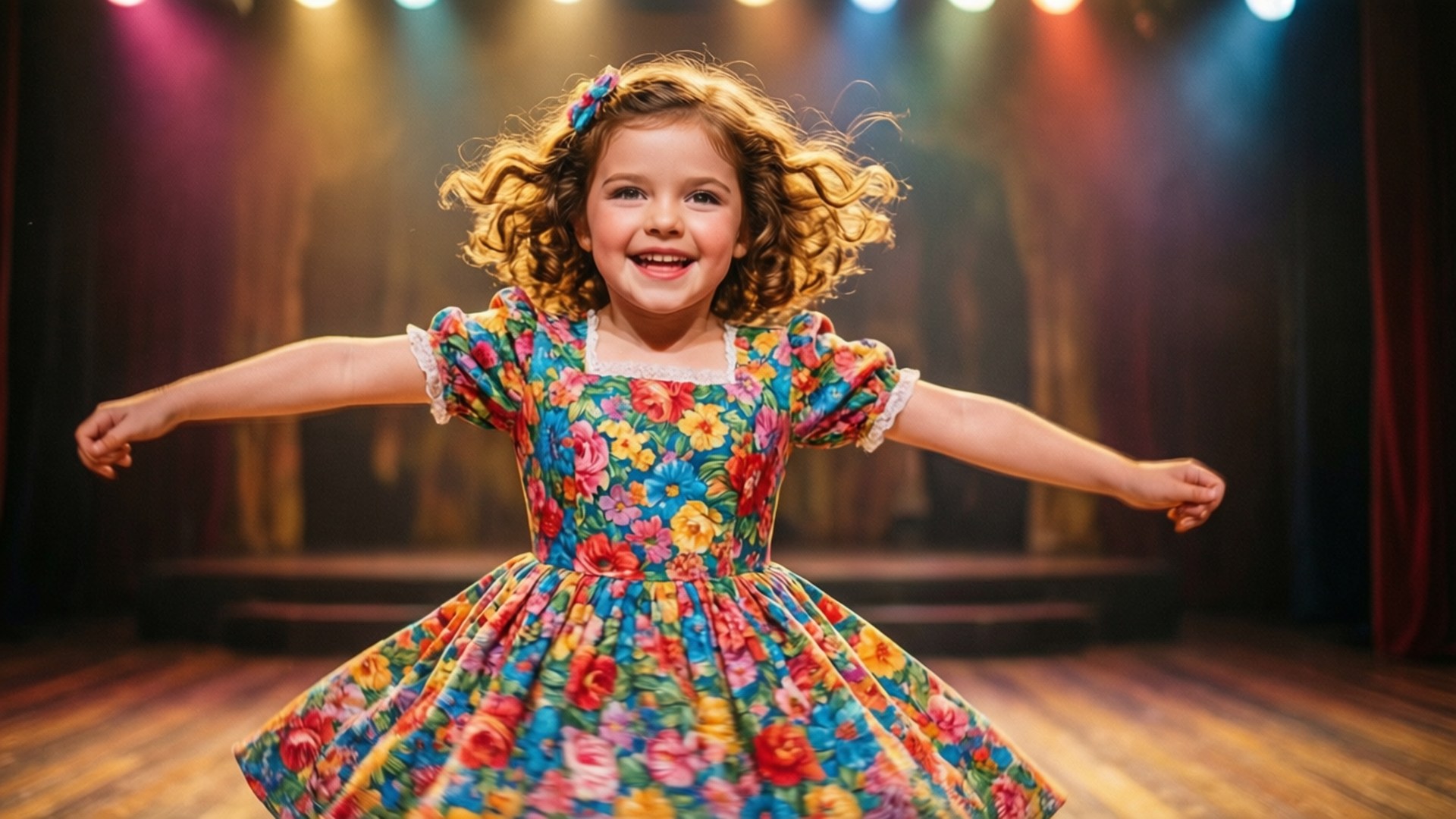 Shirley Temple, floral dress, warmly lit stage, Full HD Desktop Wallpaper