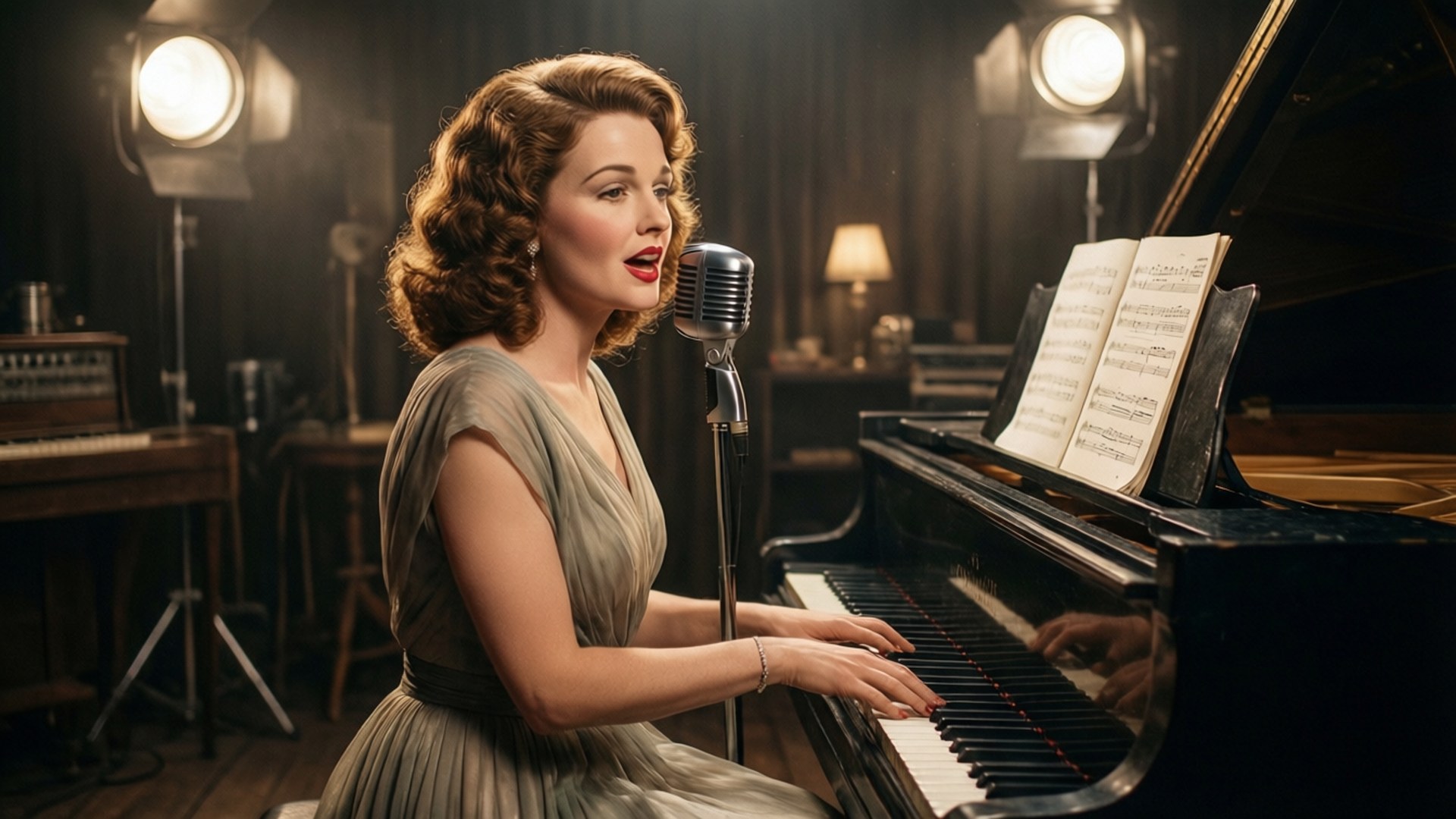 Shirley Temple, grand piano, silver microphone, Full HD Desktop Wallpaper