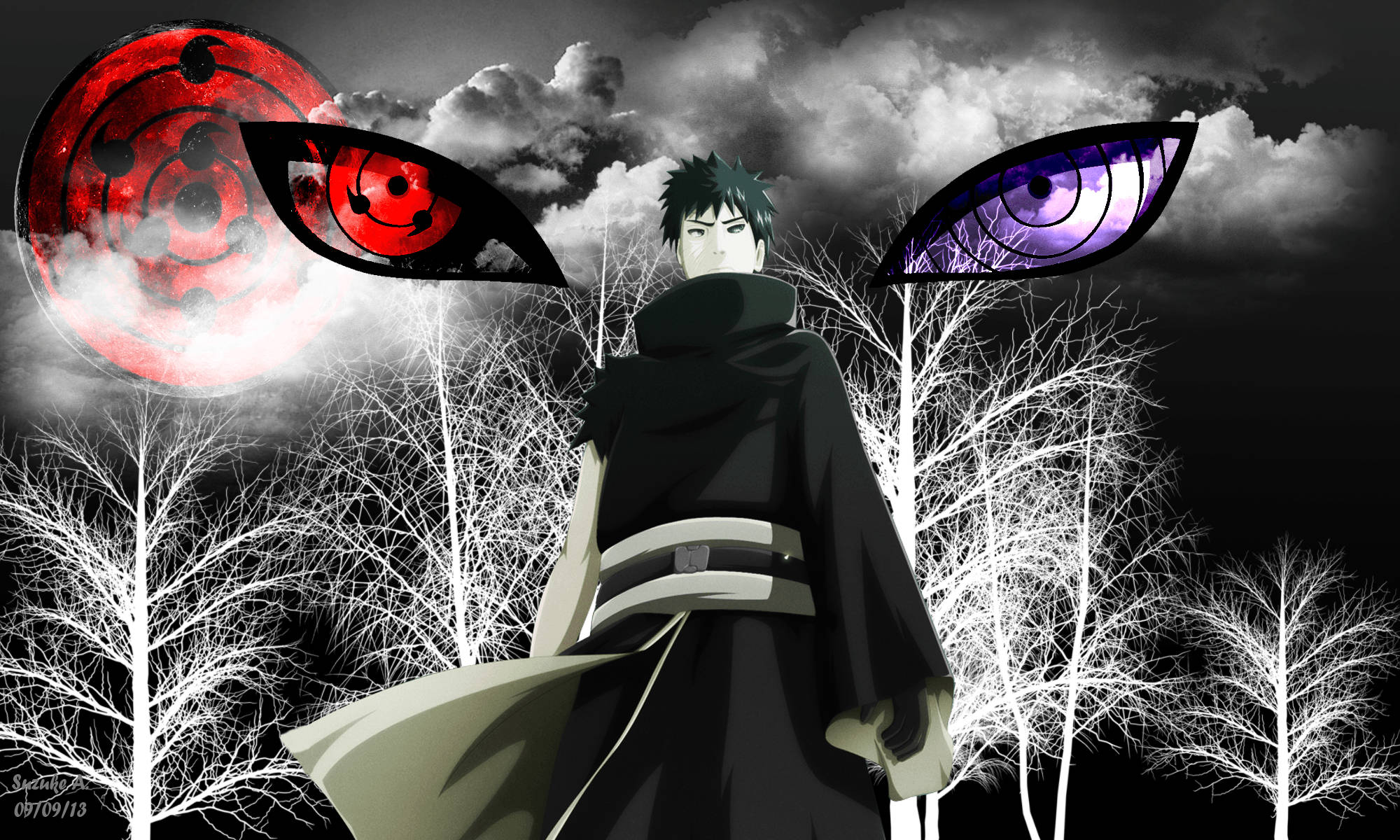 Shisui Uchiha, black cloak, glowing red and purple eyes, Full HD Desktop Wallpaper