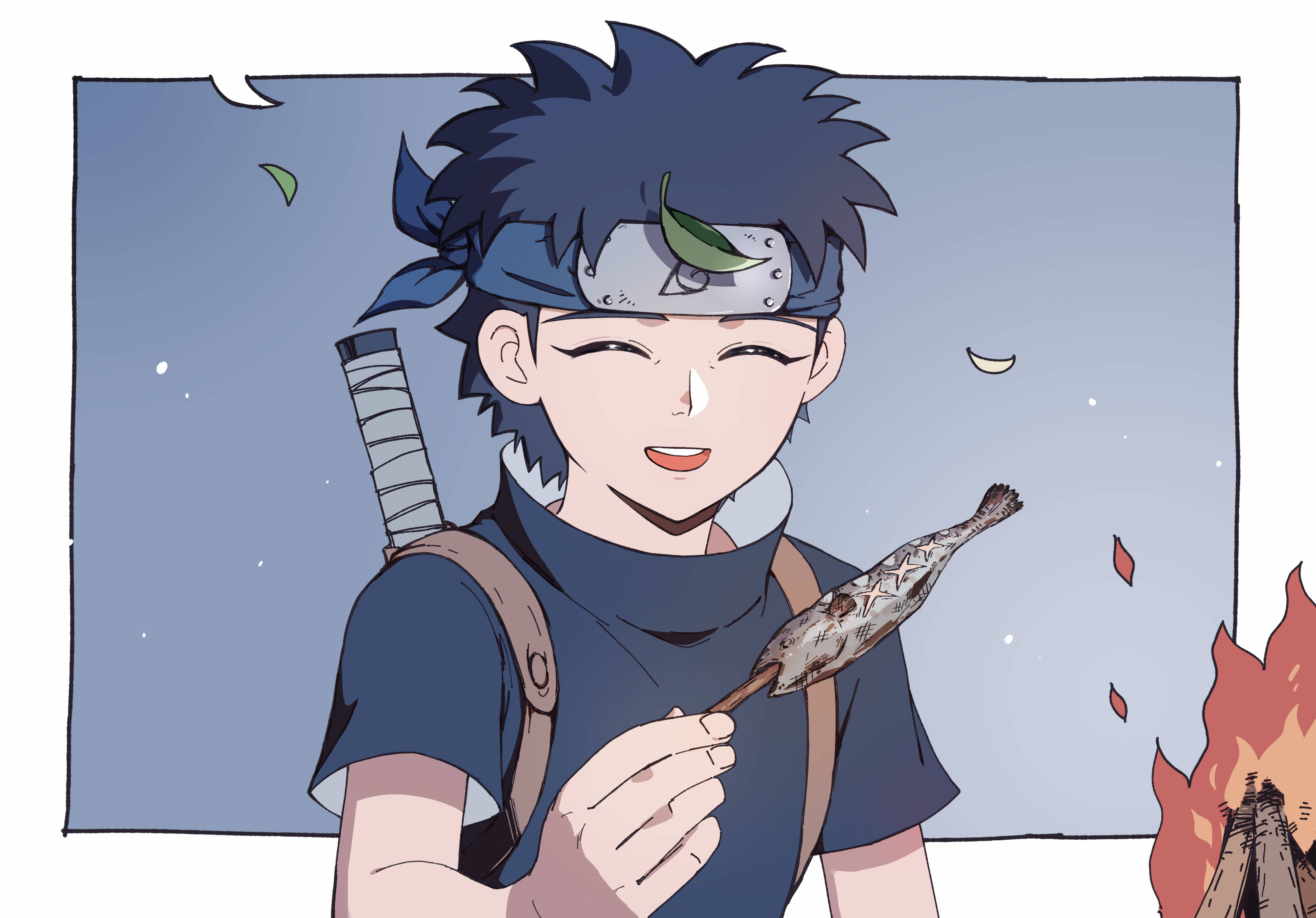 Shisui, spiky blue hair, grilled fish, 2K Desktop Wallpaper