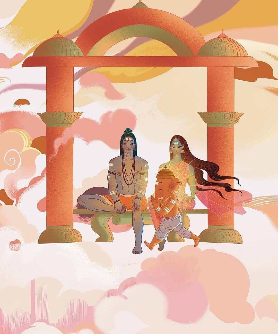 Shiv Parivar, vibrant orange archway, swirling pastel clouds, HD Phone Wallpaper