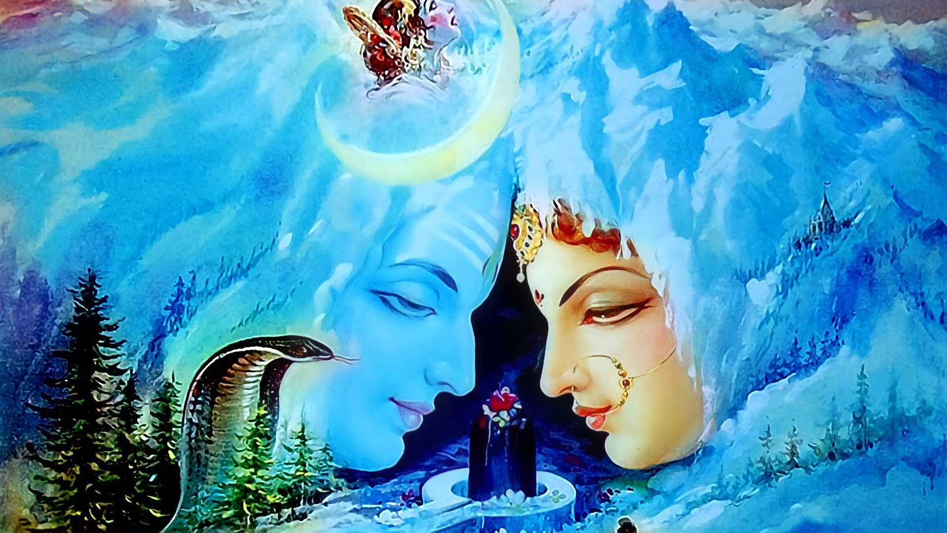 Shiv Parvati HD, watercolor art, blue and gold, Full HD Desktop Wallpaper