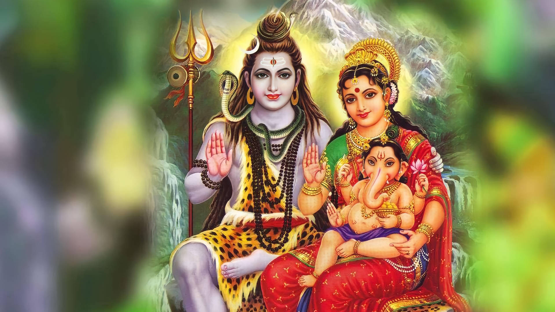Shiv Parvati, baby Ganesha, lush mountainous setting, Full HD Desktop Wallpaper