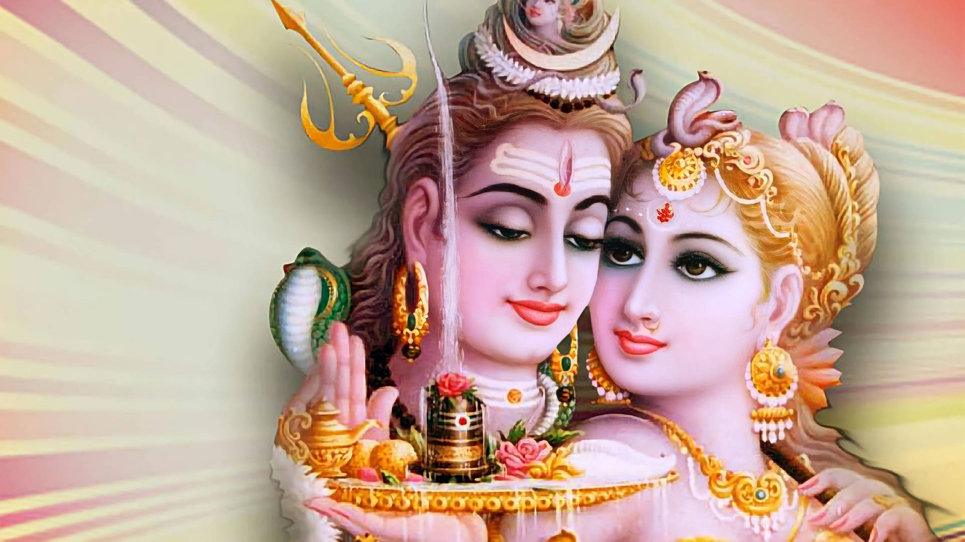 Shiv Parvati HD, pink skin, golden jewelry, Full HD Desktop Wallpaper