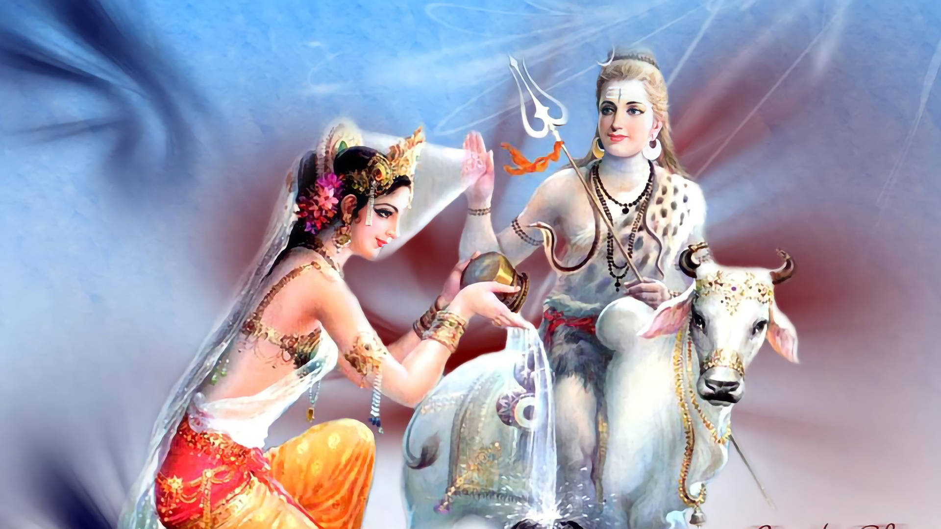 Shiv Parvati, white bull, blue and red cosmic backdrop, Full HD Desktop Wallpaper