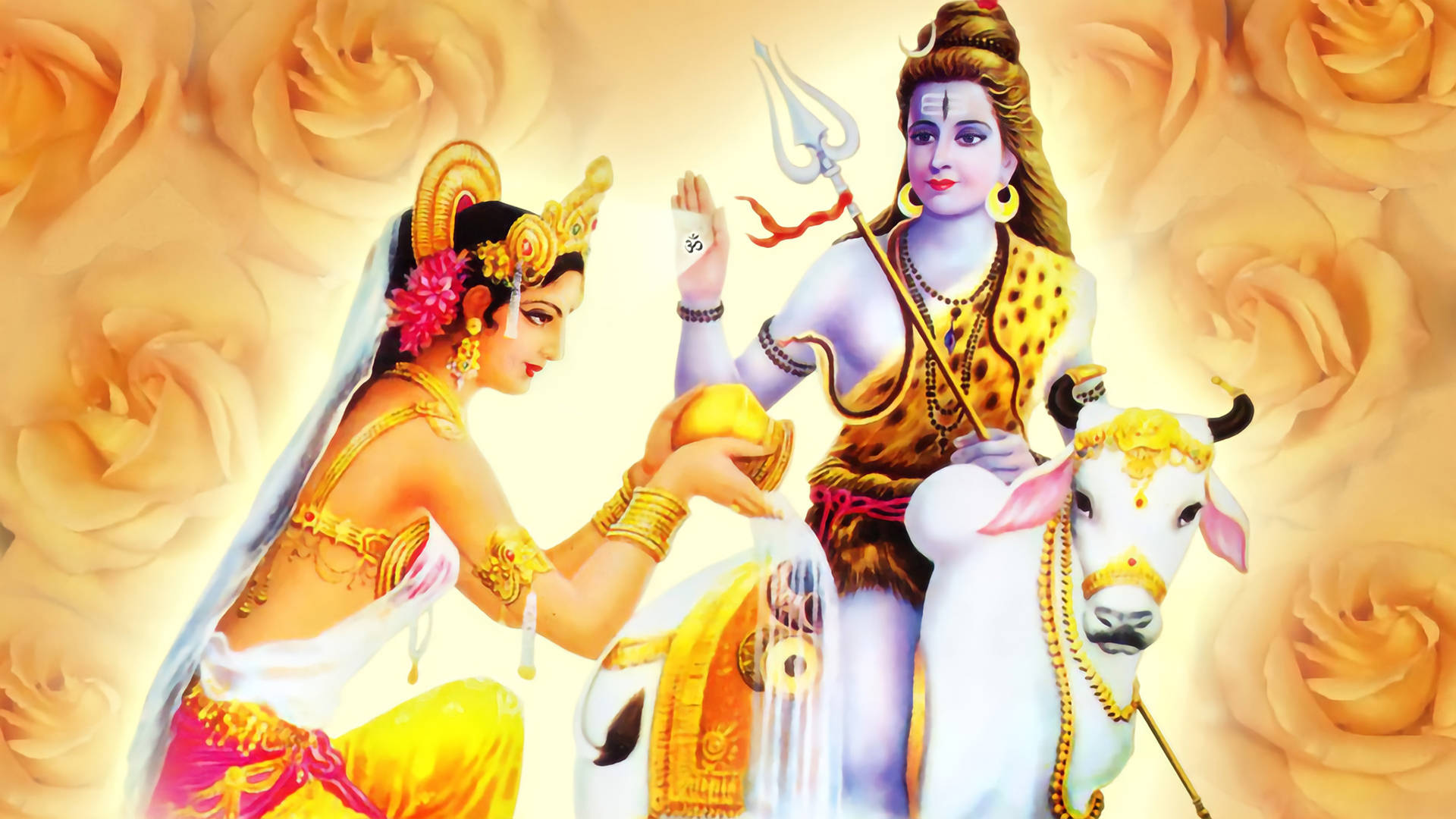 Shiv Parvati HD, golden jewelry, vibrant attire, Full HD Desktop Wallpaper