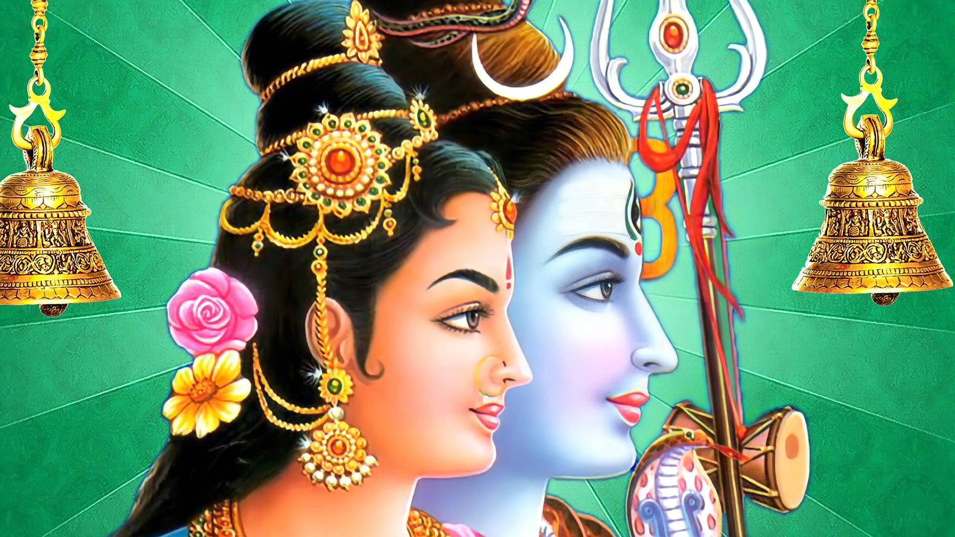 Shiv Parvati HD, diagonal green background, golden bells, Full HD Desktop Wallpaper